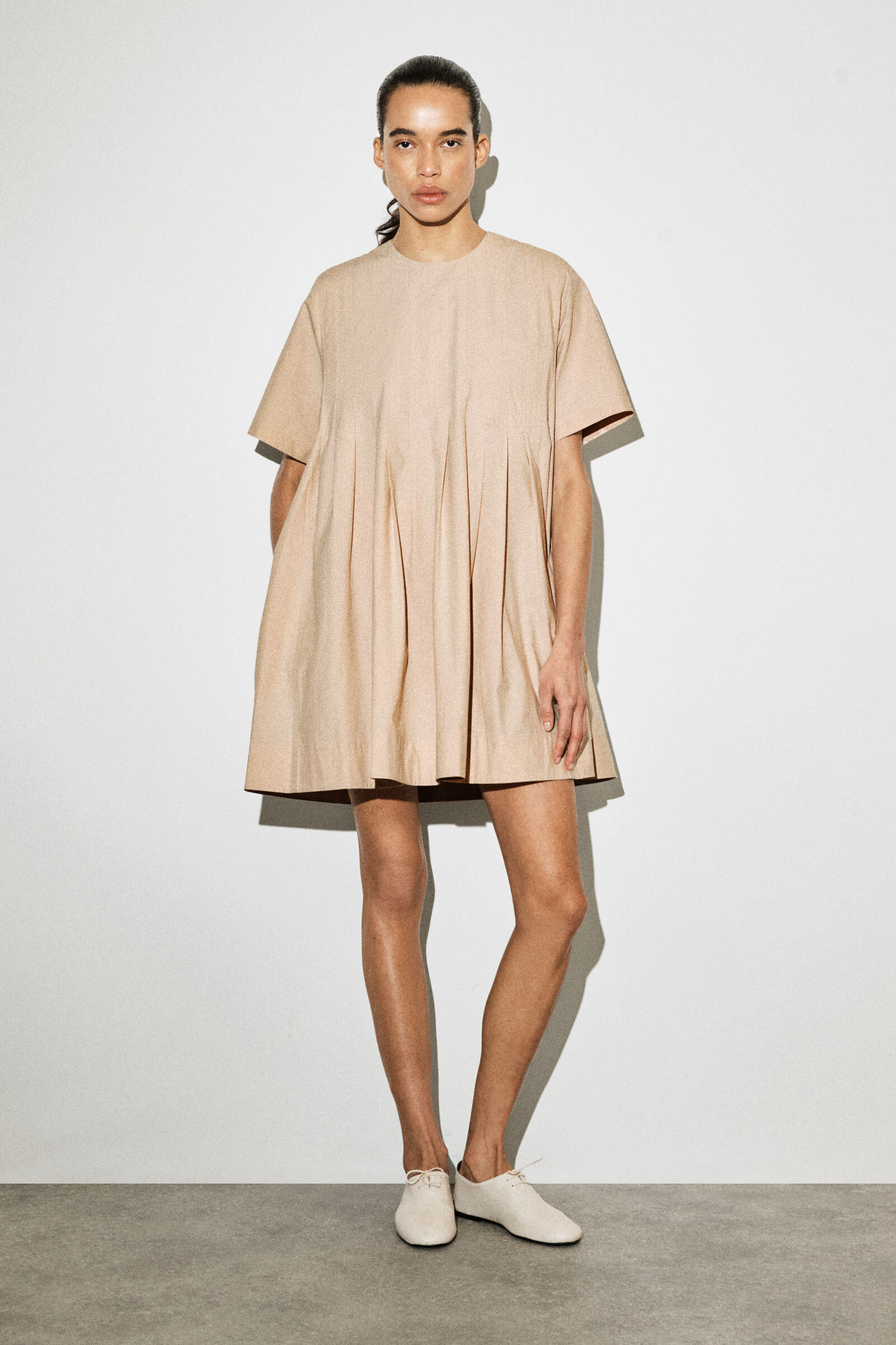 PLEATED COTTON-POPLIN MINI DRESSBEIGE