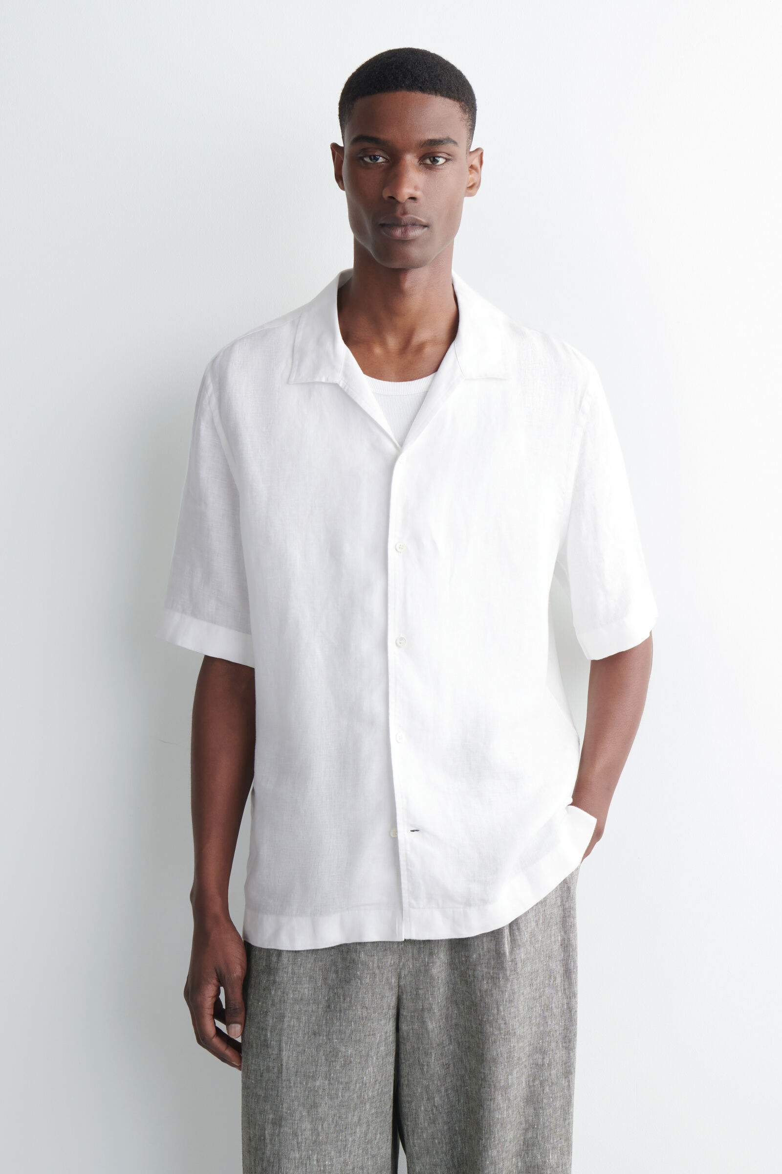 CAMP-COLLAR SHORT-SLEEVED LINEN SHIRTWHITE
