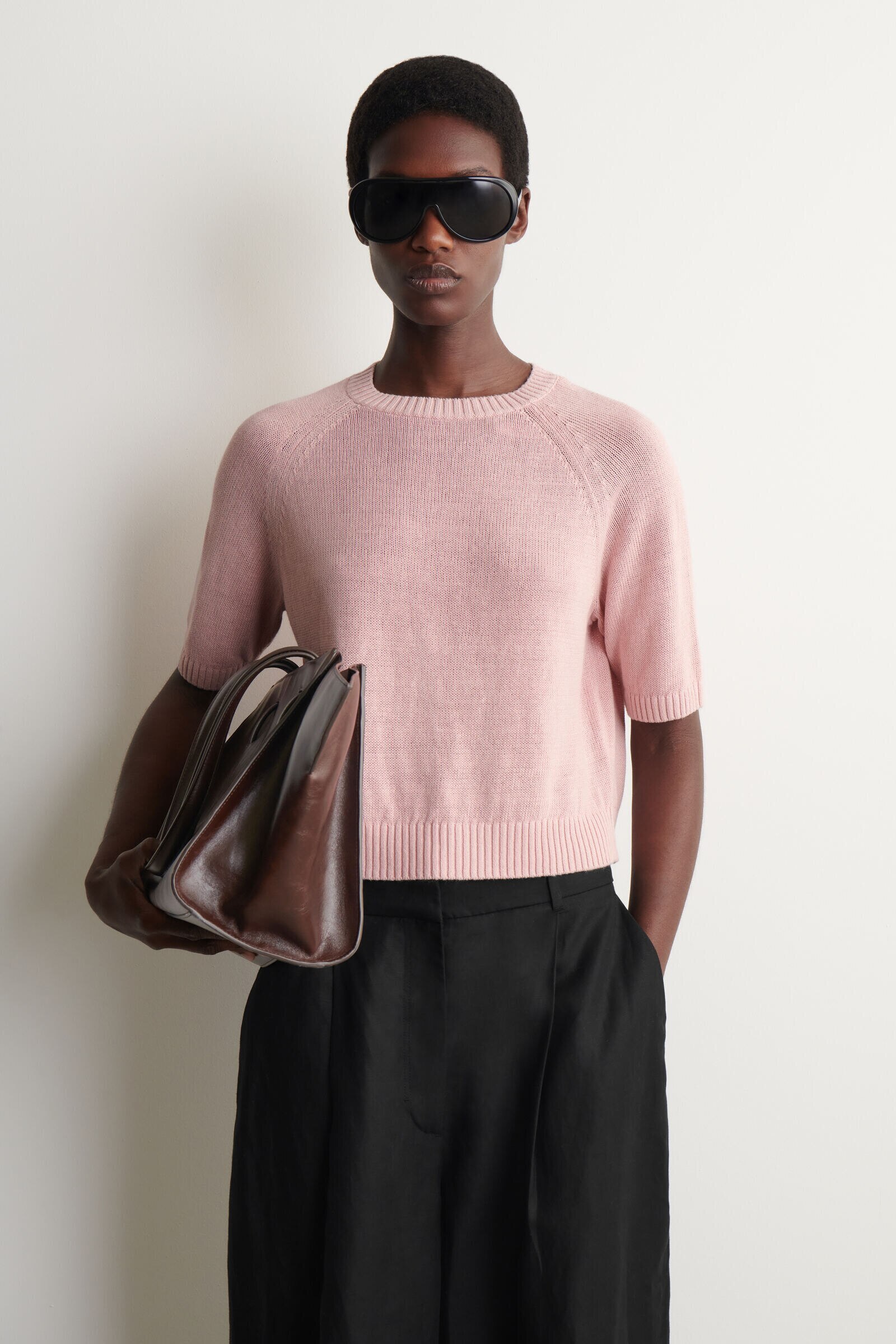 SHRUNKEN KNITTED LINEN T-SHIRTPINK