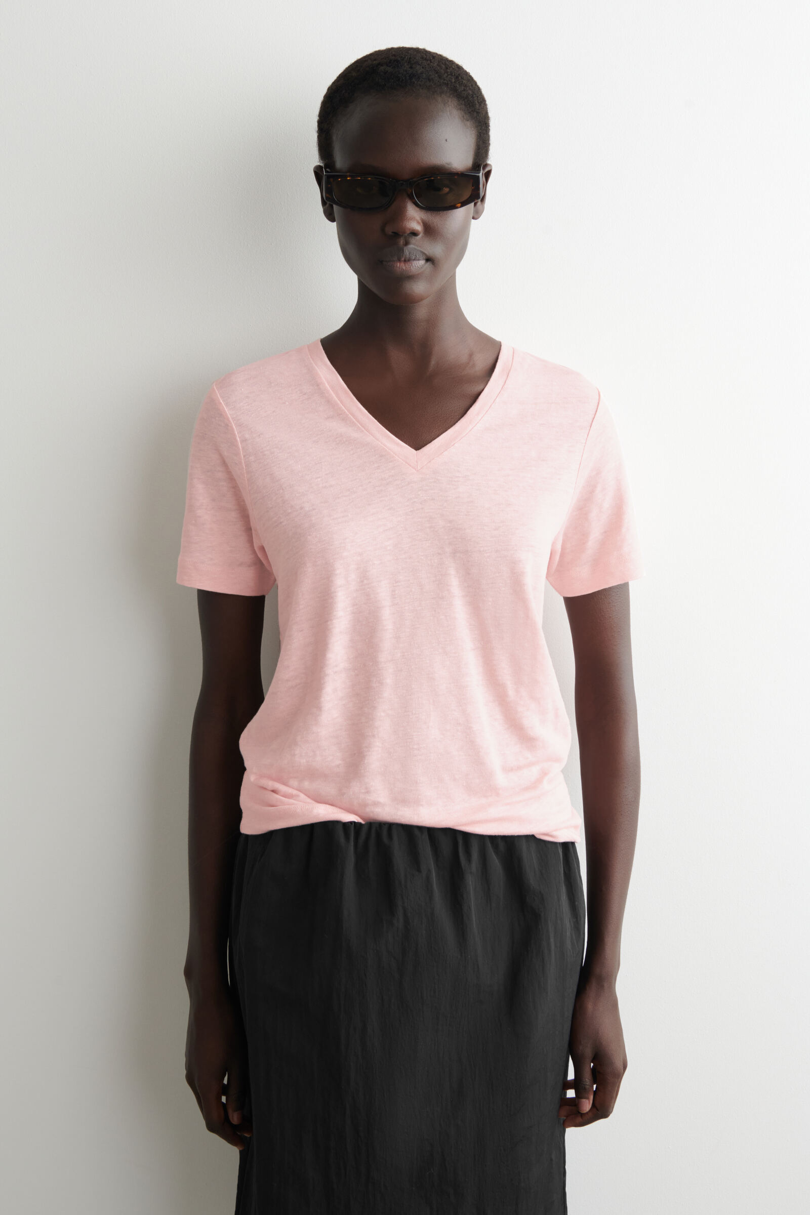 V-NECK LINEN T-SHIRTPINK MÉLANGE