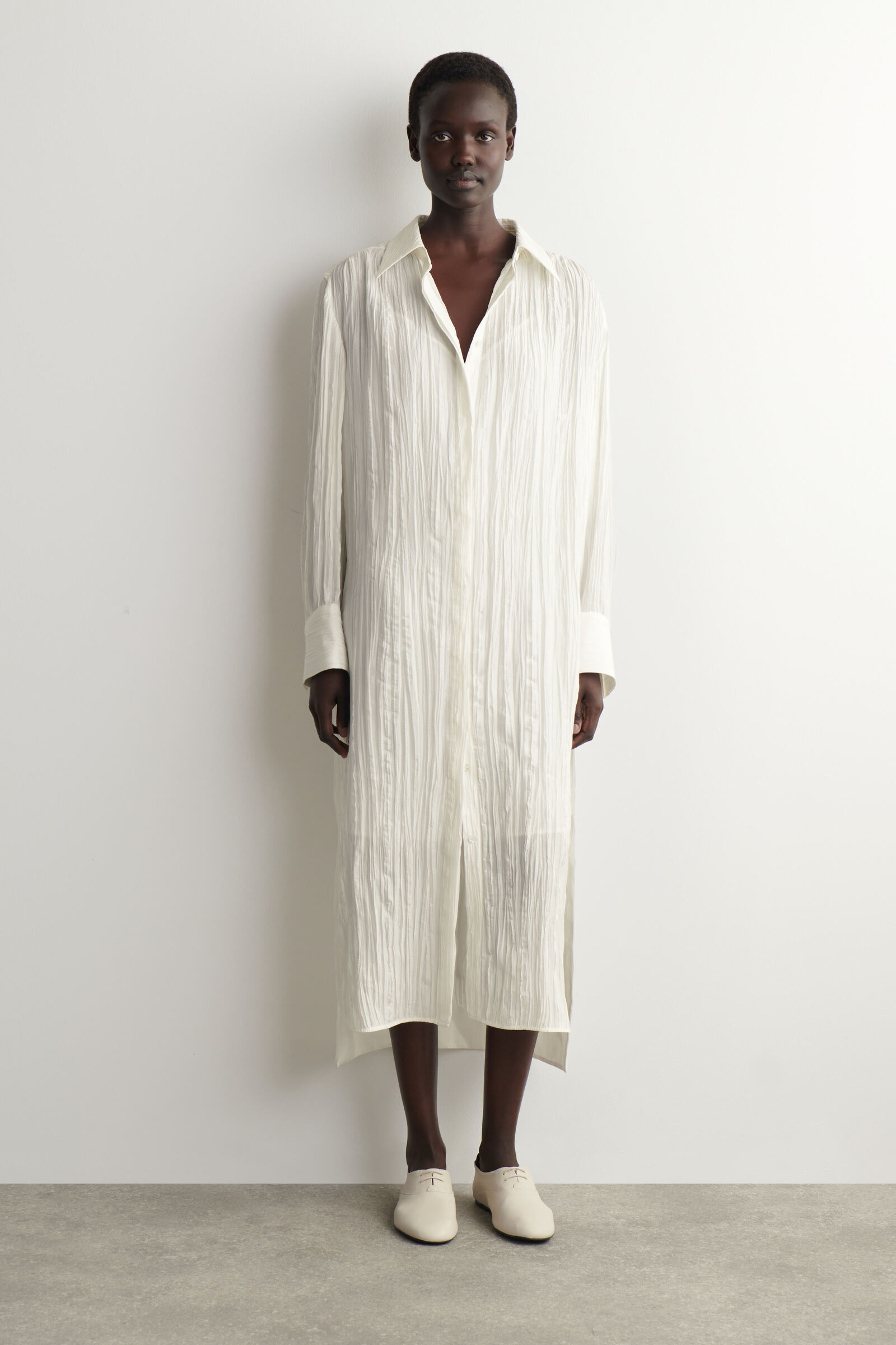 CRINKLED-SILK MIDI SHIRT DRESSWHITE