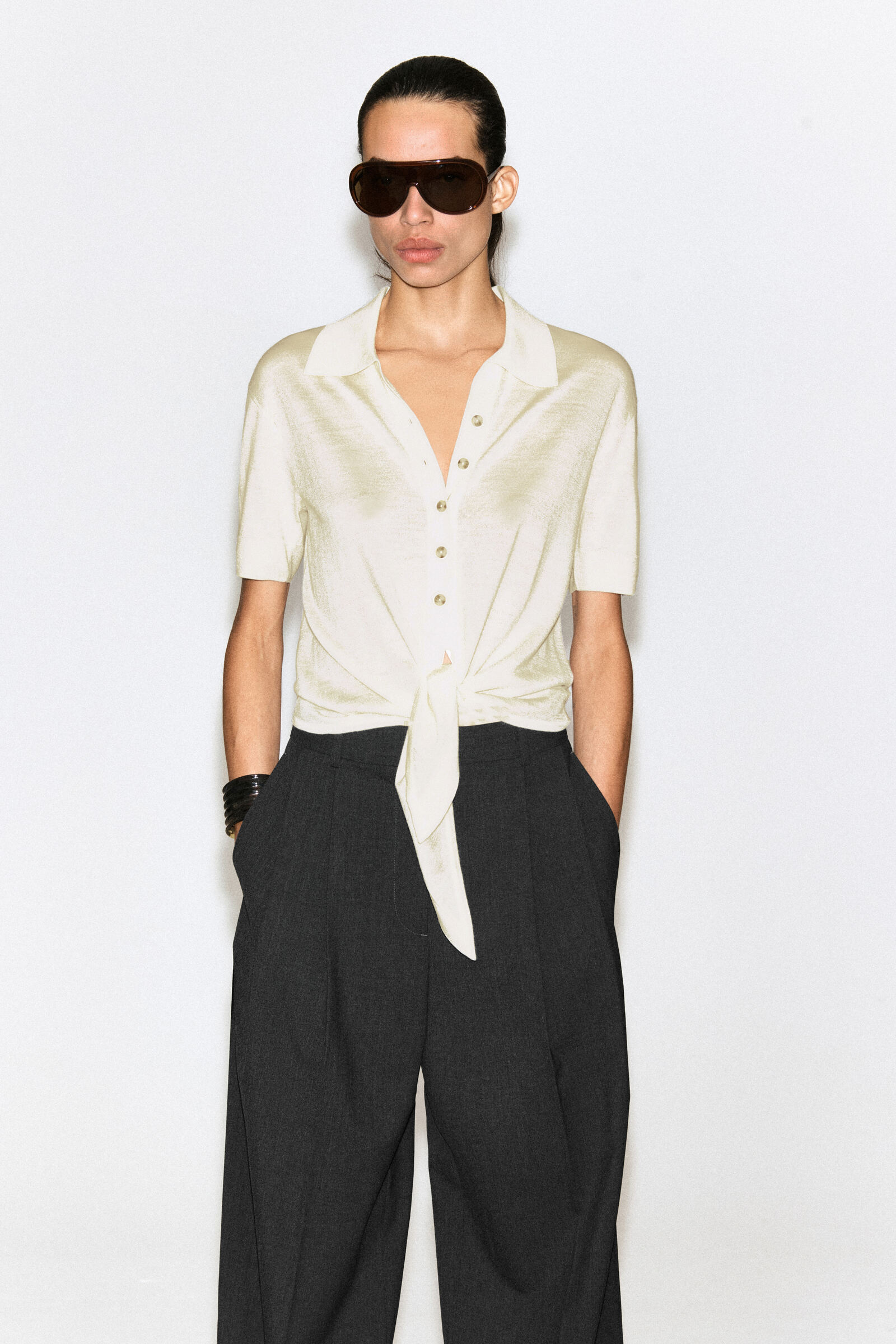 TIE-FRONT KNITTED WOOL SHIRTWHITE