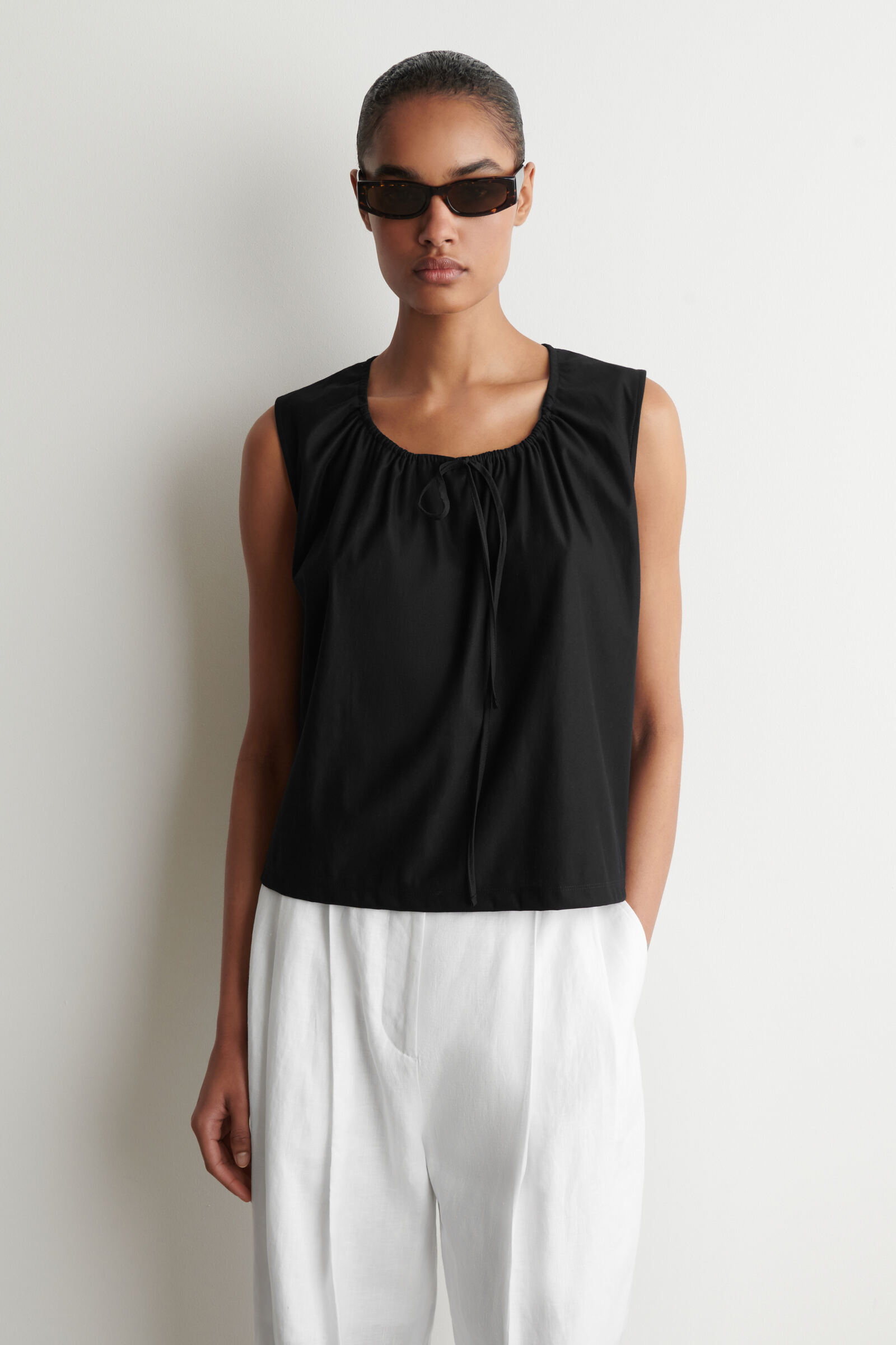 GATHERED-NECK JERSEY TANK TOPBLACK