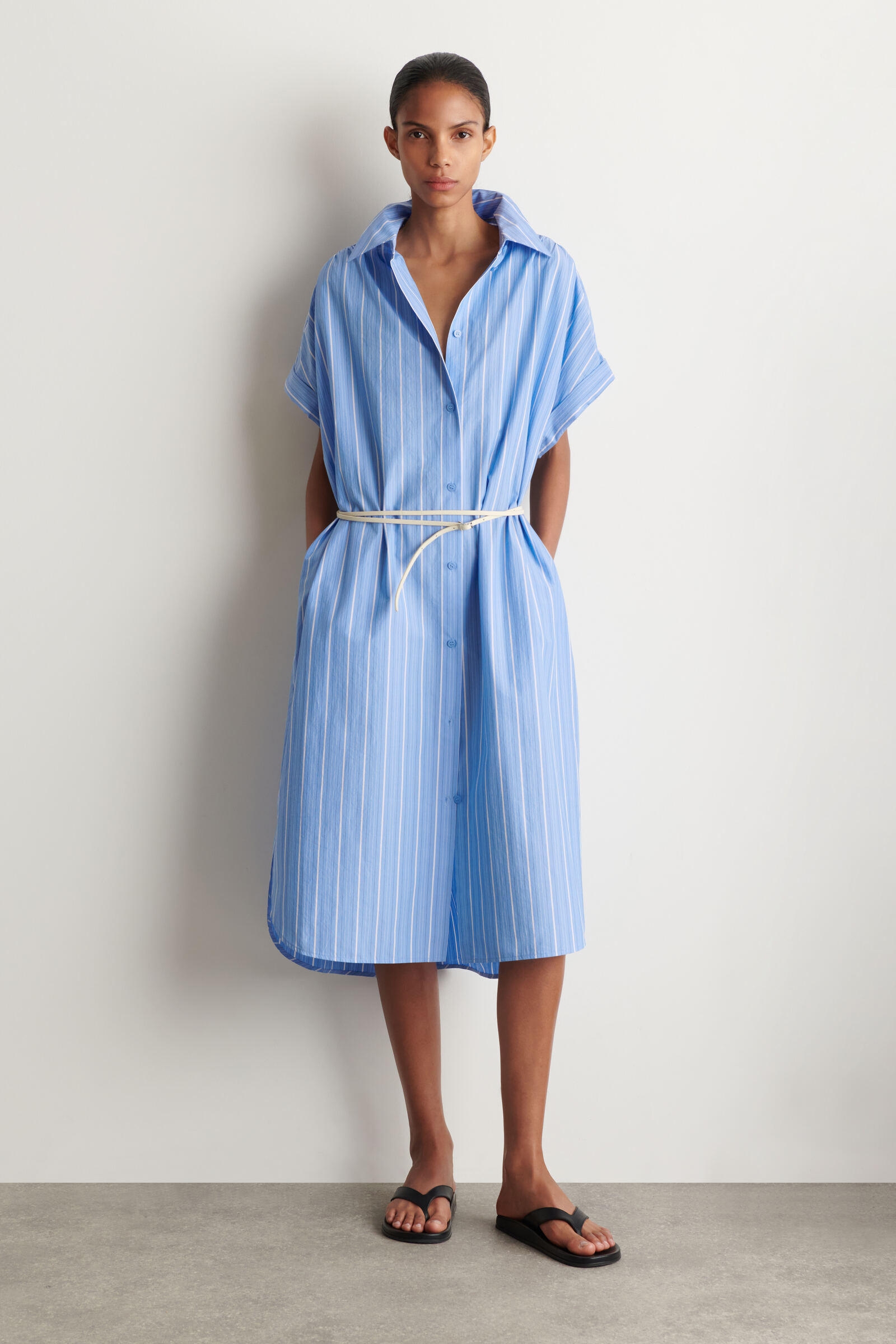 STRIPED SHORT-SLEEVED COTTON SHIRT DRESSBLUE / STRIPED