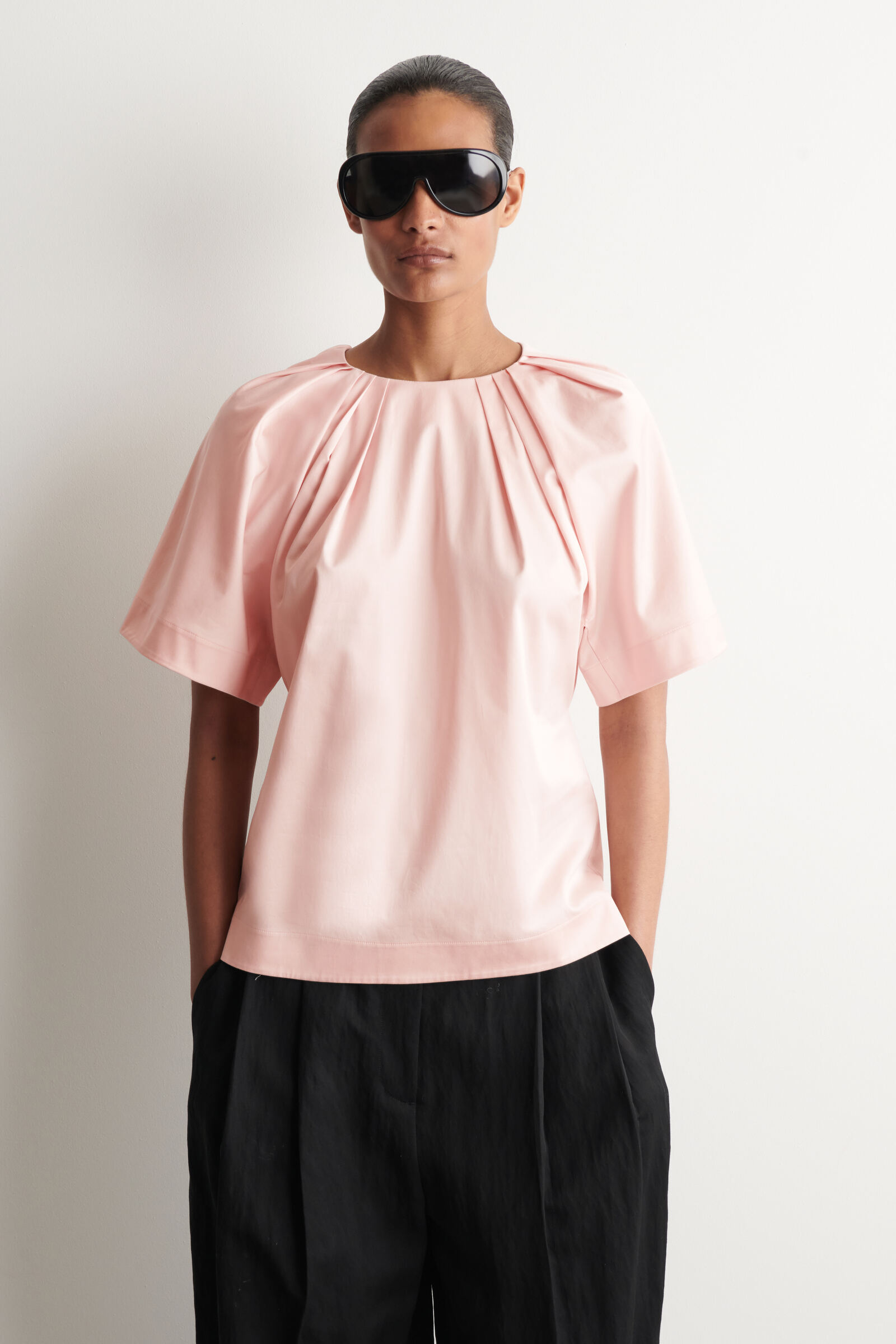 GATHERED SHORT-SLEEVED COTTON TOPPINK