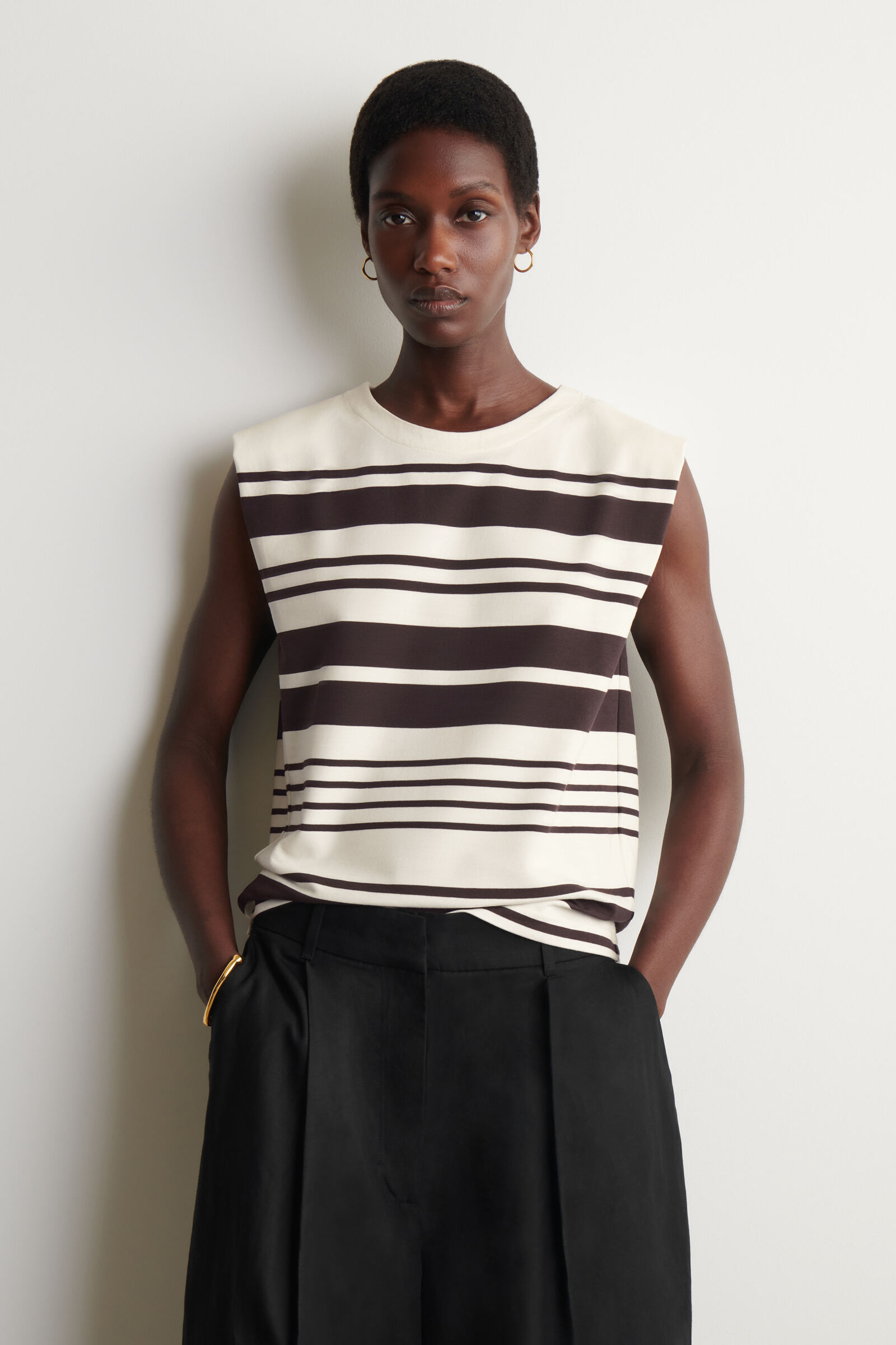 FOLDED-SHOULDER COTTON-JERSEY TANK TOPWHITE / BROWN / STRIPED