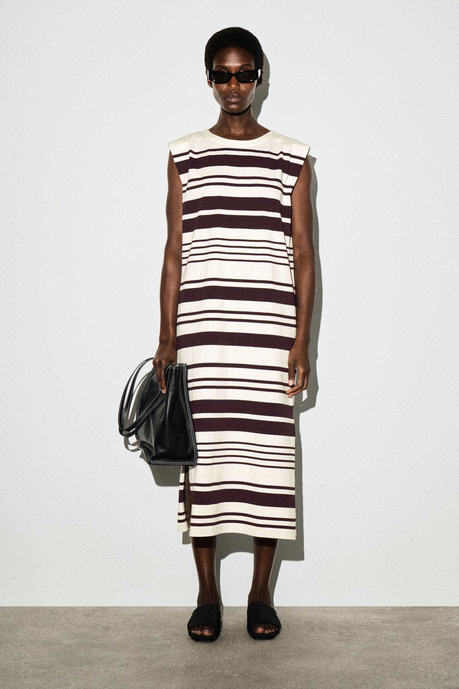 FOLDED-SHOULDER COTTON-JERSEY MIDI DRESSWHITE / BROWN / STRIPED