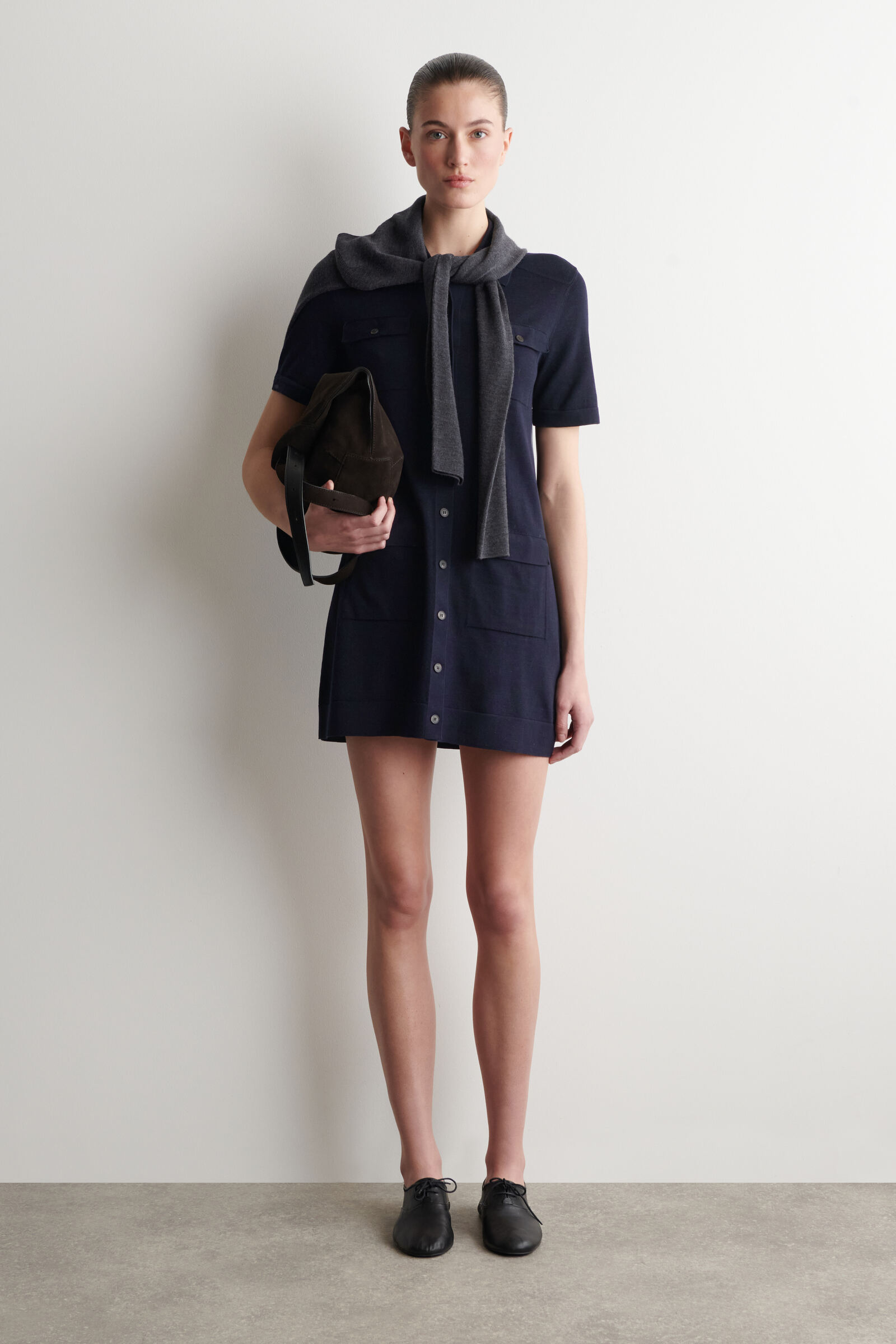 POCKET-DETAIL KNITTED COTTON MINI DRESSNAVY