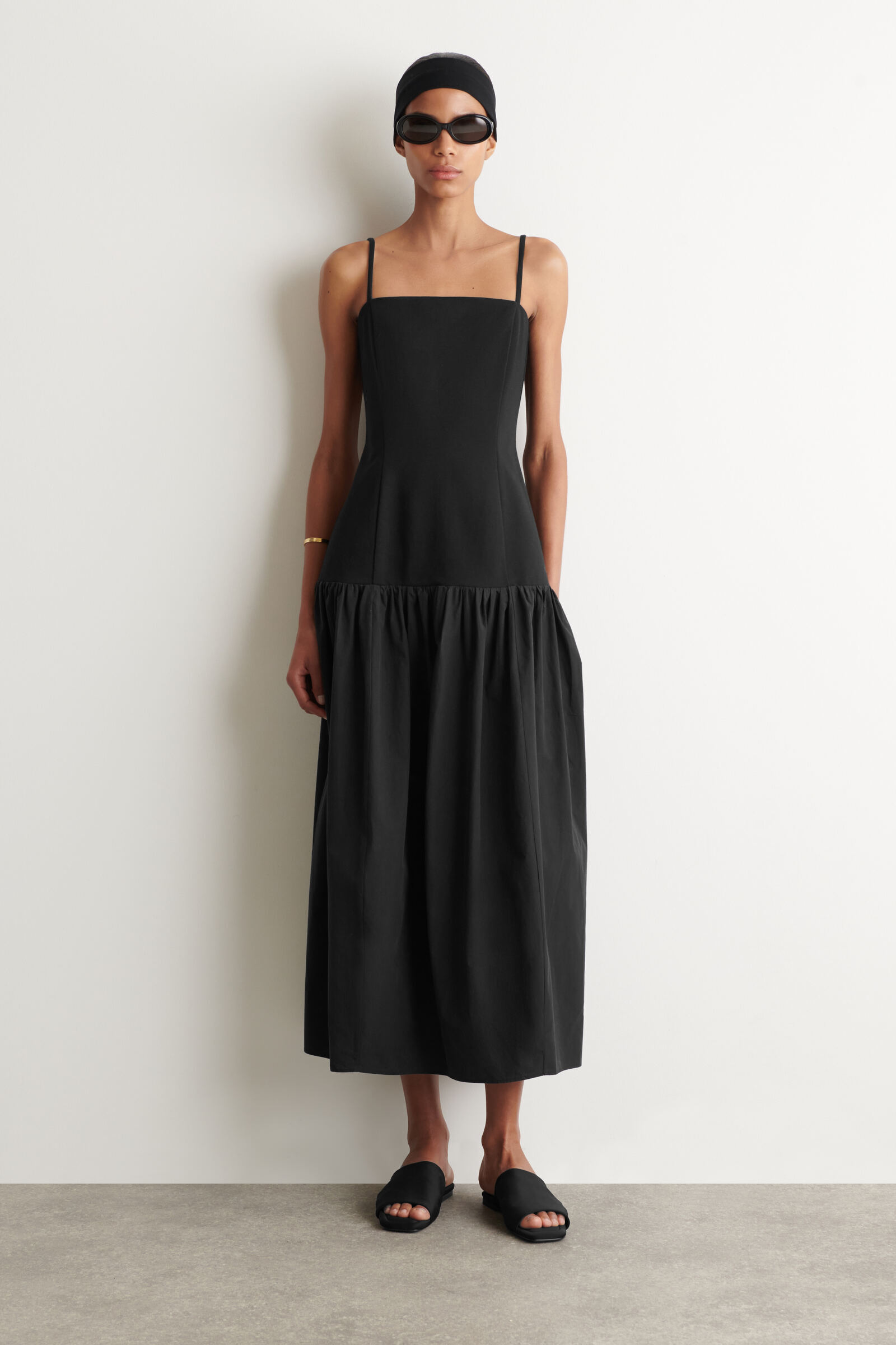 SCULPTED DROPPED-WAIST MIDI DRESSBLACK
