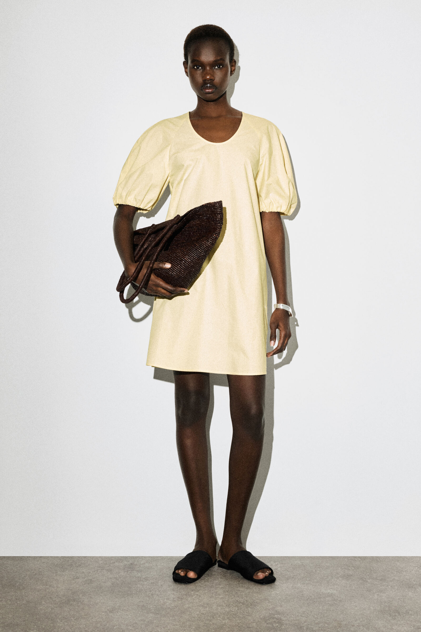 PUFF-SLEEVE COTTON MINI DRESSBUTTER YELLOW