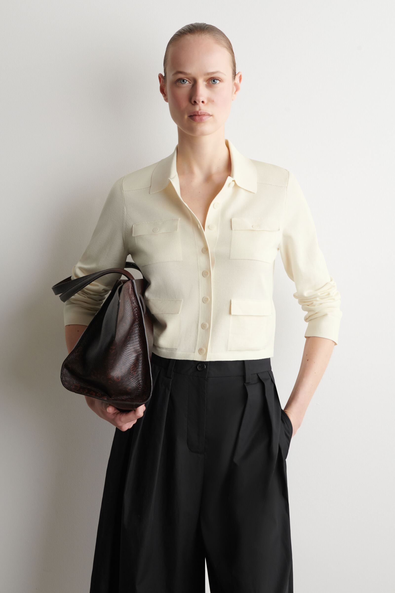 POCKET-DETAIL KNITTED COTTON CARDIGANOFF-WHITE