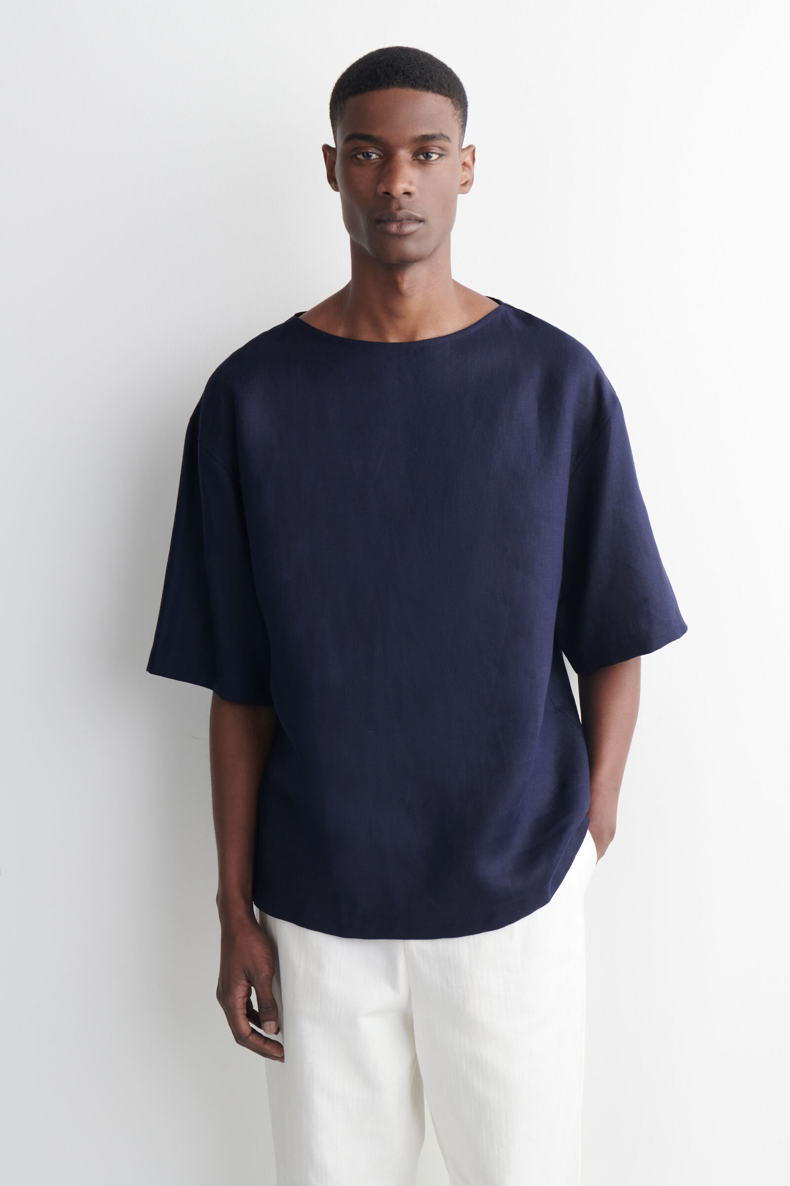 BOAT-NECK LINEN T-SHIRTNAVY