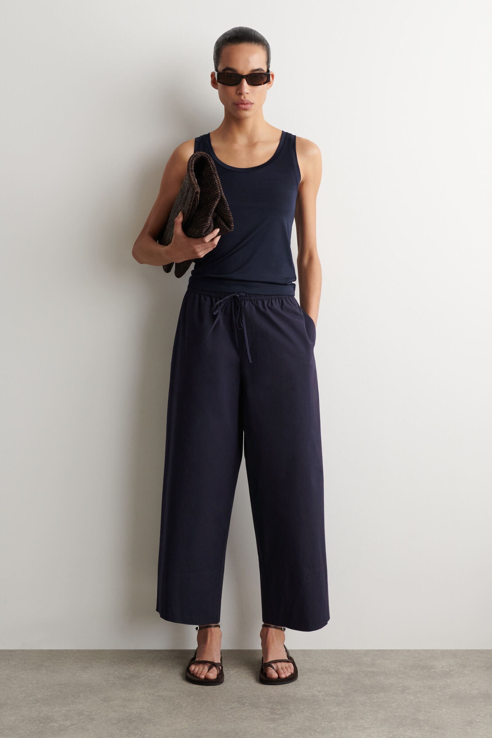 COTTON STRAIGHT-LEG DRAWSTRING TROUSERSNAVY