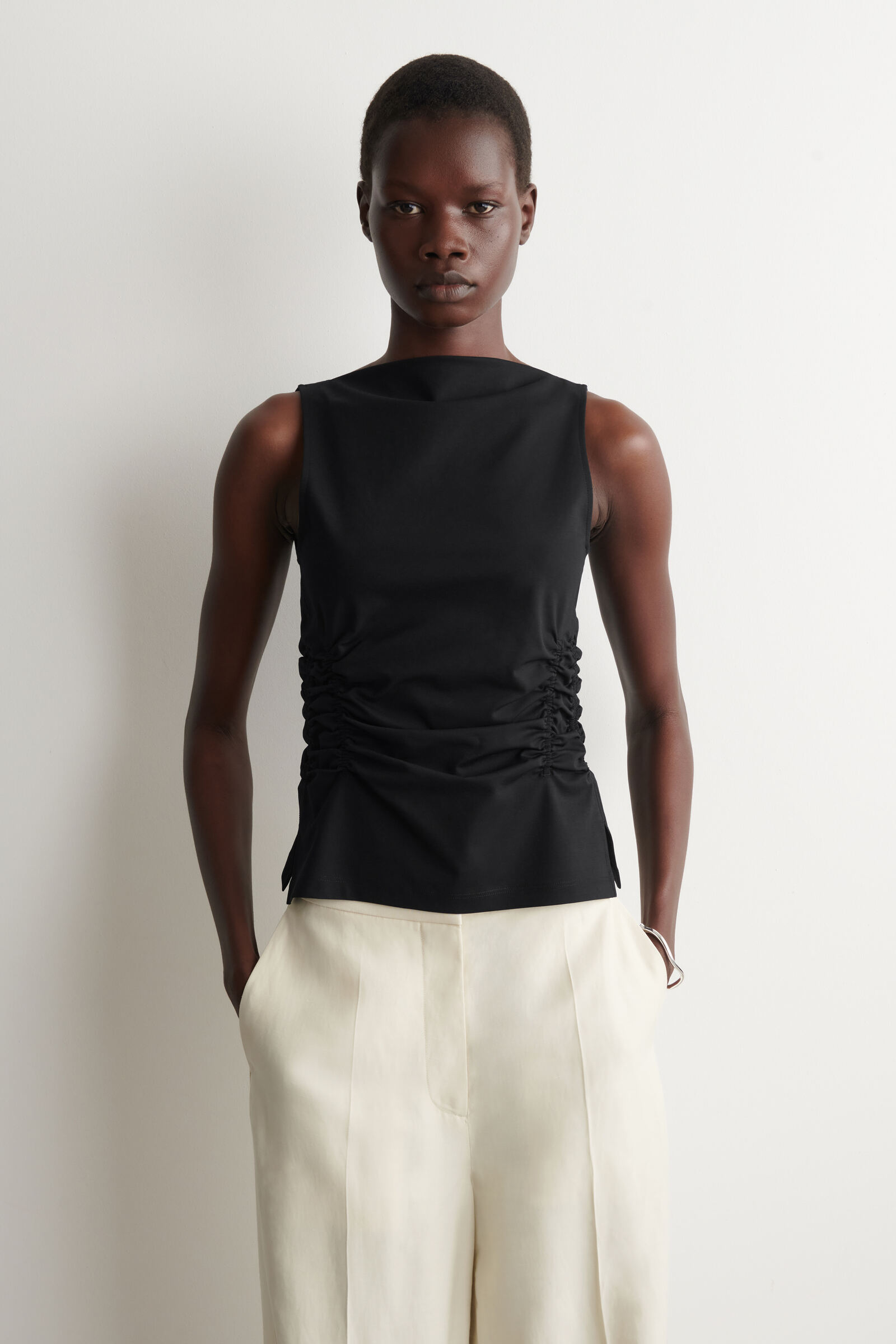 RUCHED-WAIST COTTON-JERSEY TANK TOPBLACK