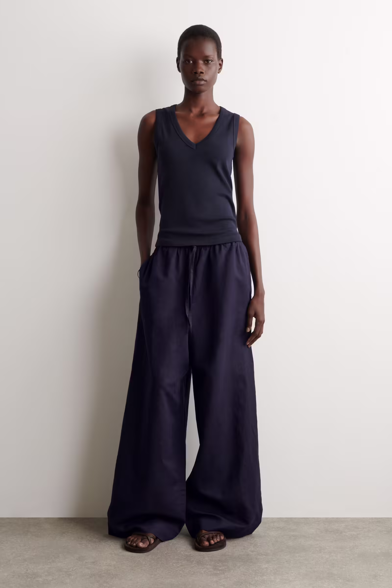 WIDE-LEG LINEN DRAWSTRING TROUSERSNAVY