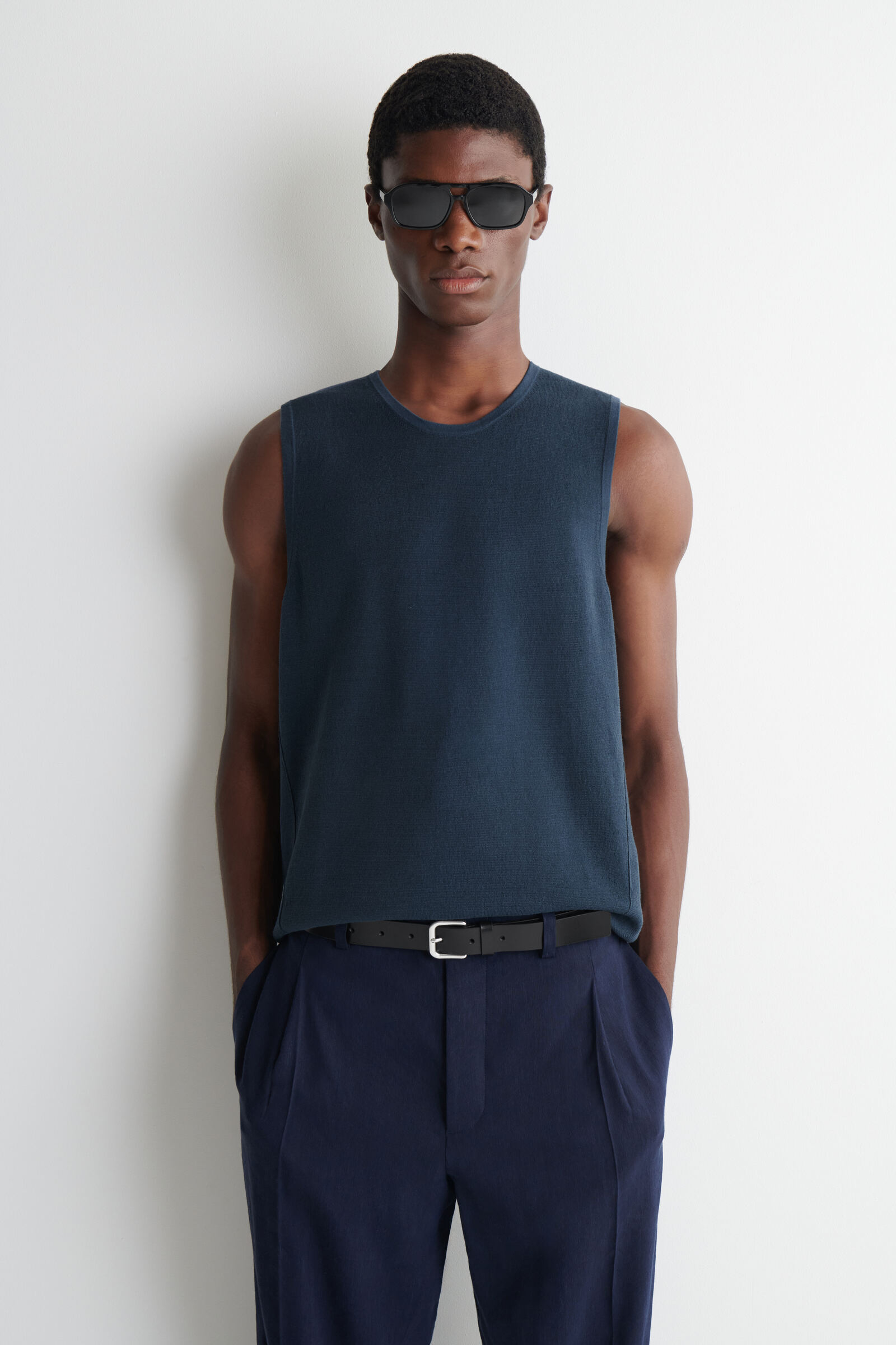 KNITTED LINEN TANK TOPDARK BLUE