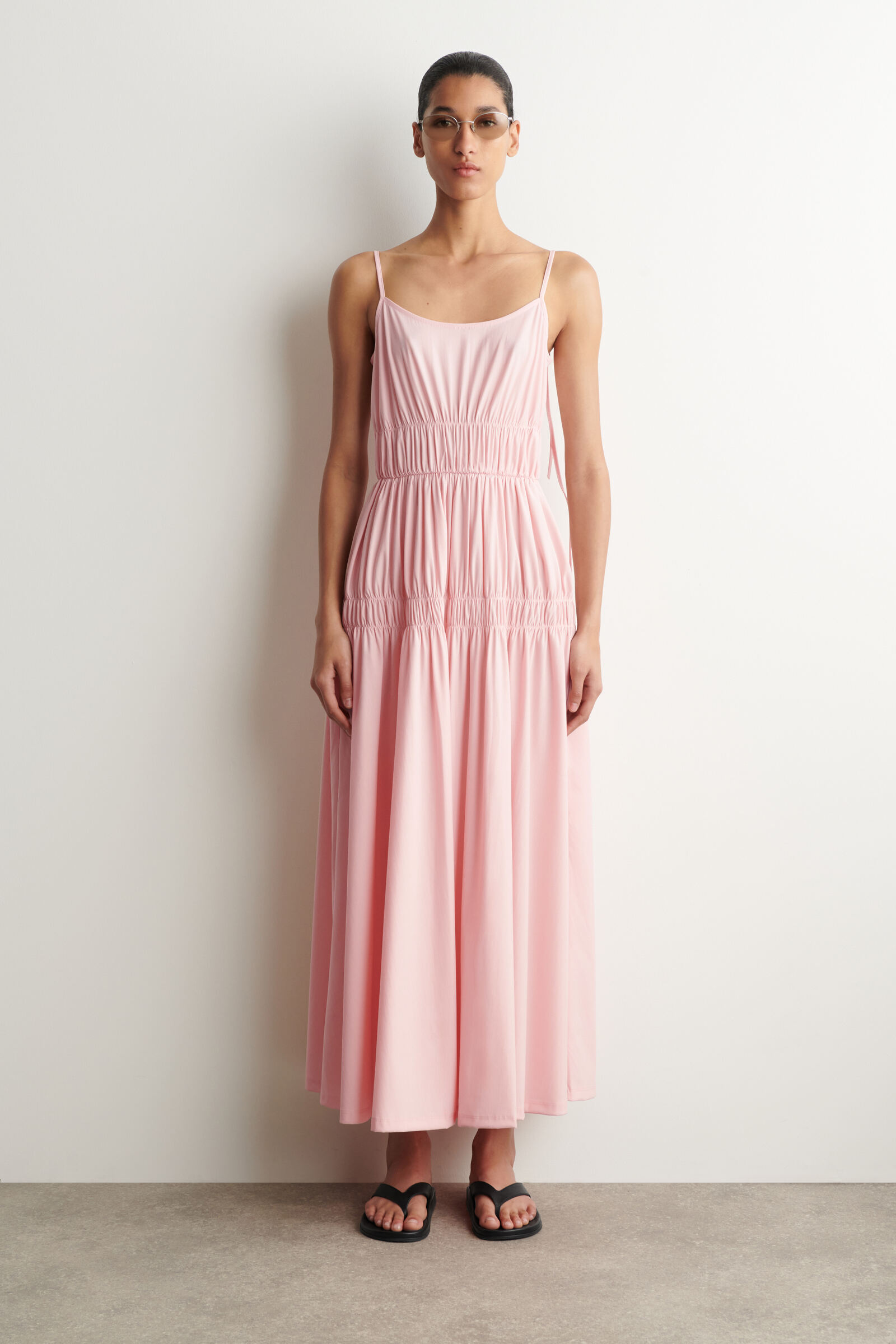 GATHERED JERSEY MIDI DRESSPINK