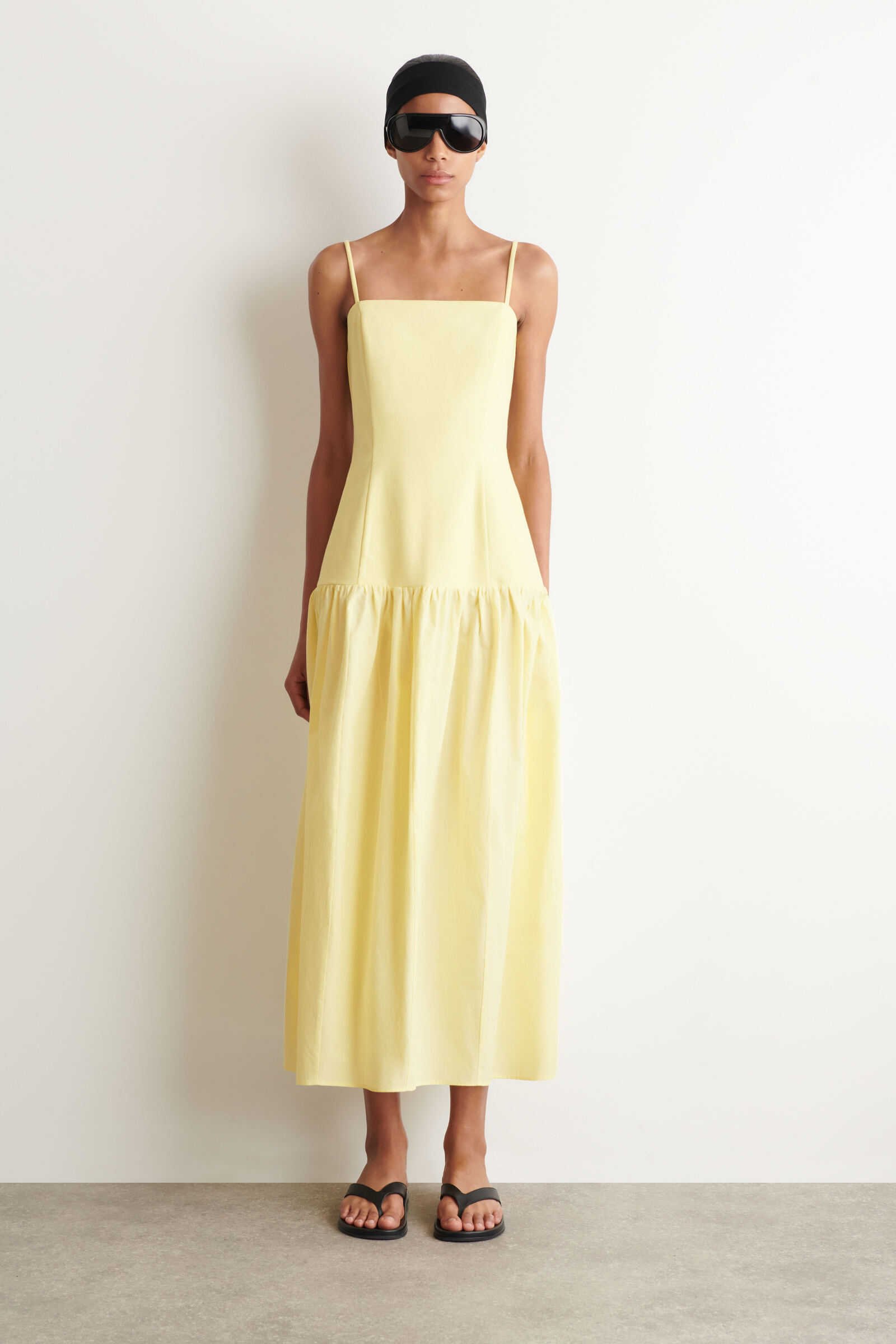 SCULPTED DROPPED-WAIST MIDI DRESSYELLOW