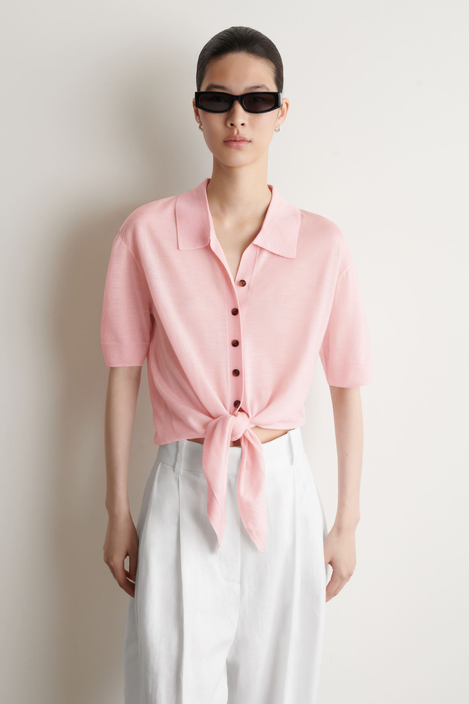 TIE-FRONT KNITTED WOOL SHIRTPINK