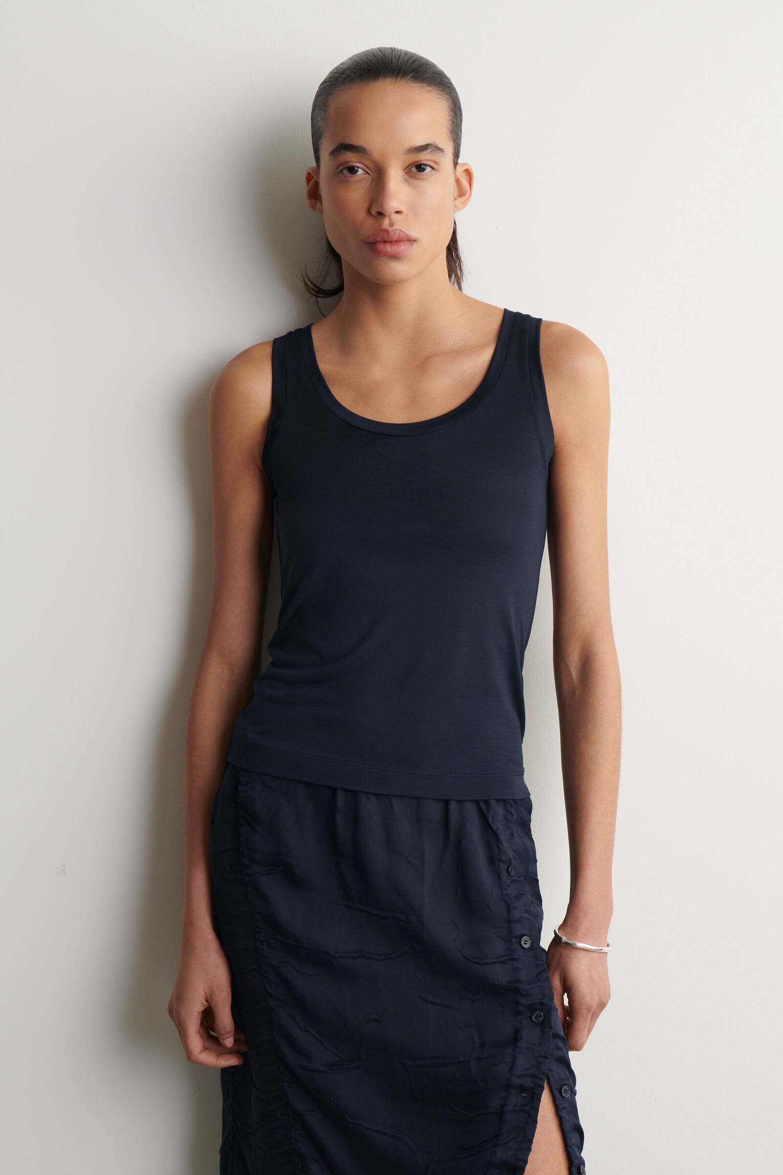 SCOOP-NECK SILK-JERSEY TANK TOPNAVY