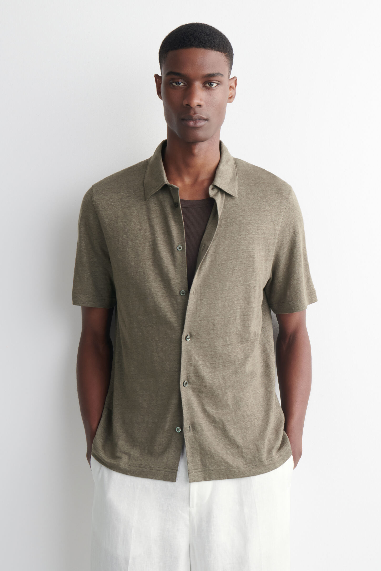 LINEN-JERSEY SHORT-SLEEVED SHIRTBROWN MÉLANGE