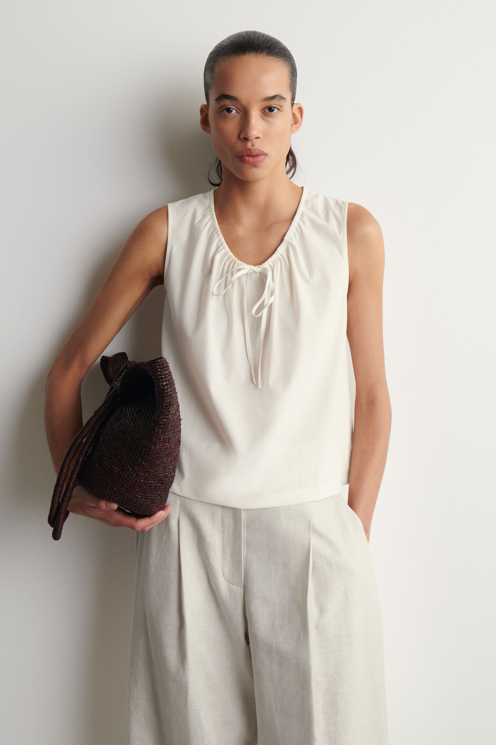 GATHERED-NECK JERSEY TANK TOPOFF-WHITE