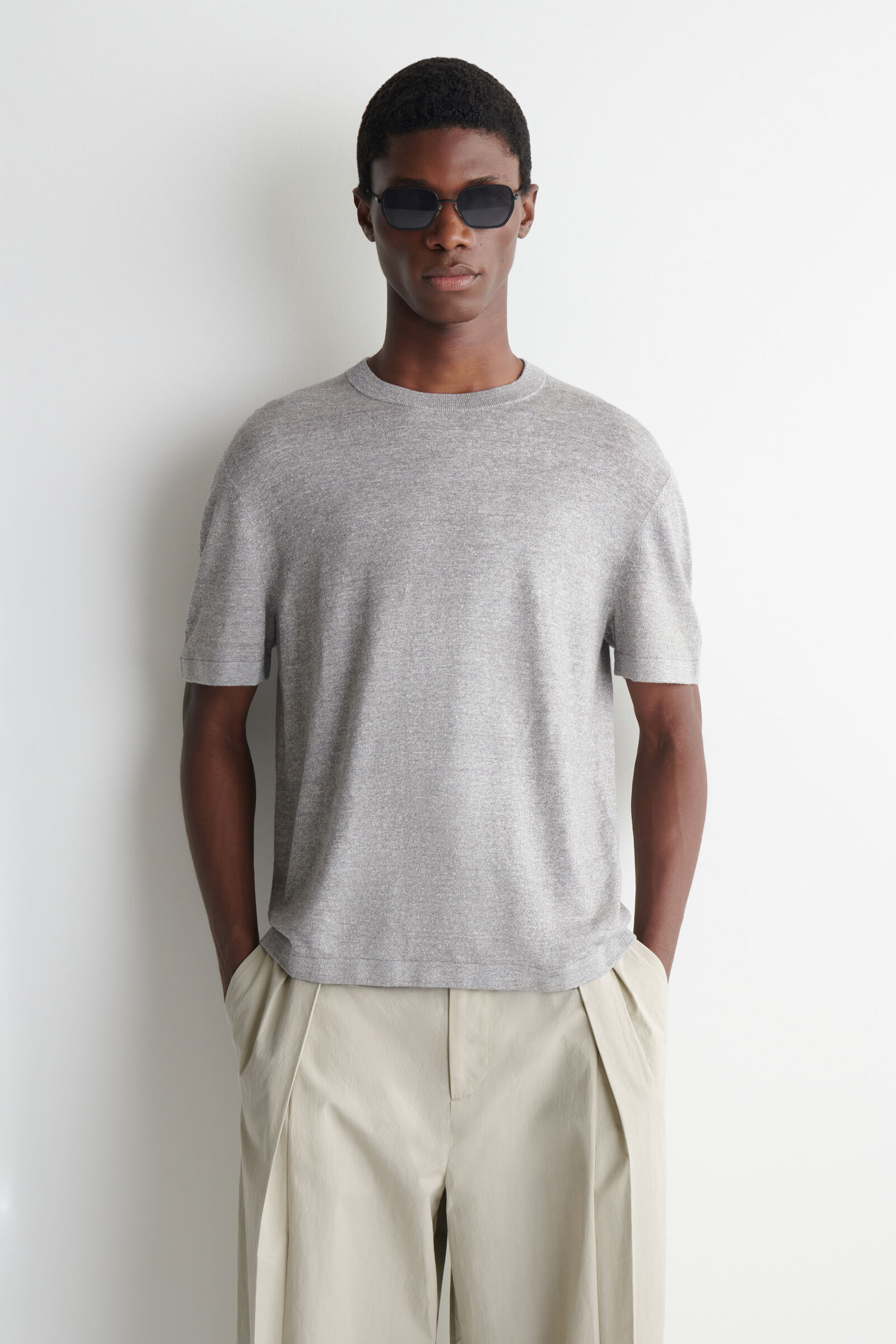 KNITTED LINEN T-SHIRTGREY MÉLANGE
