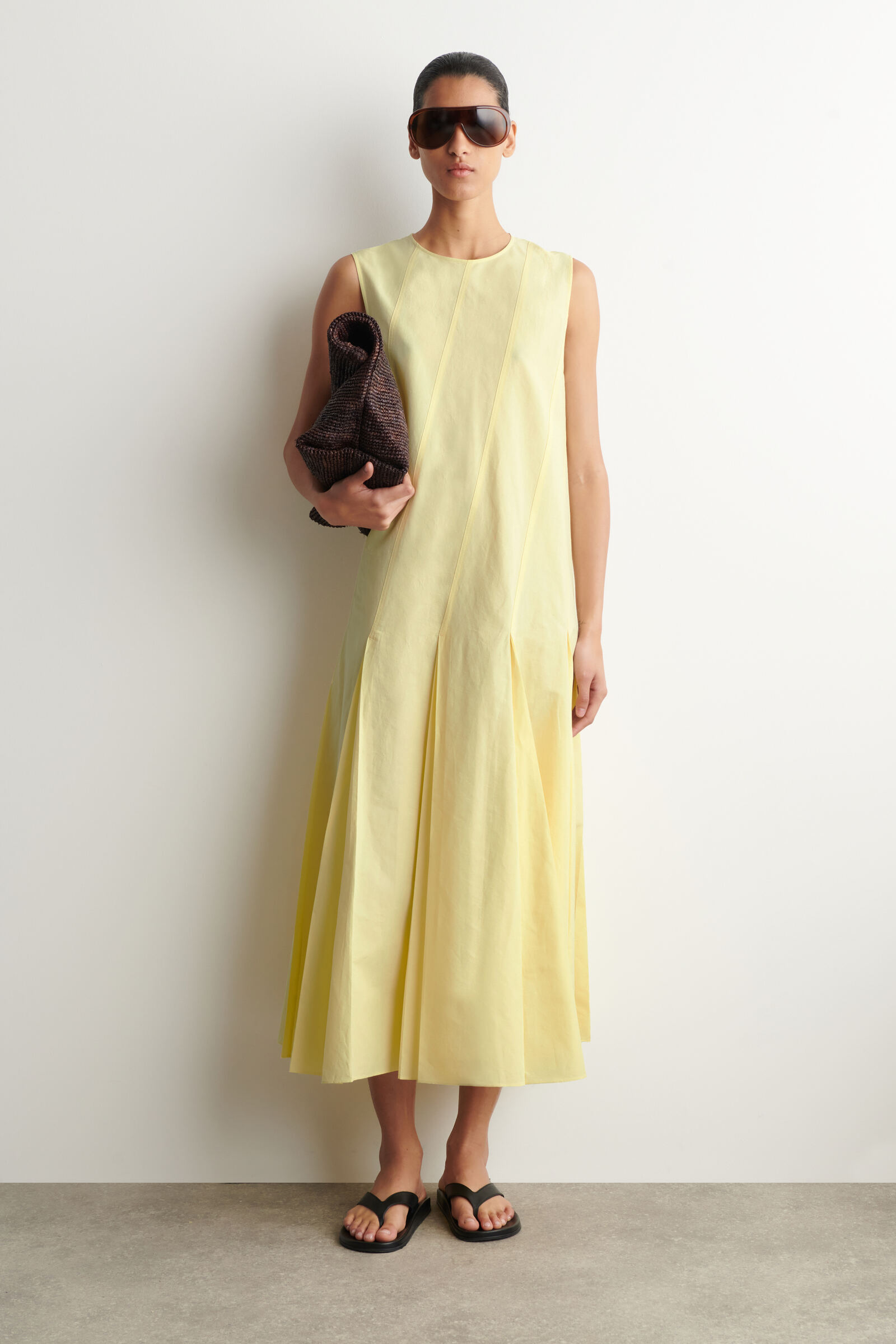 PLEATED COTTON-LINEN MAXI DRESSYELLOW