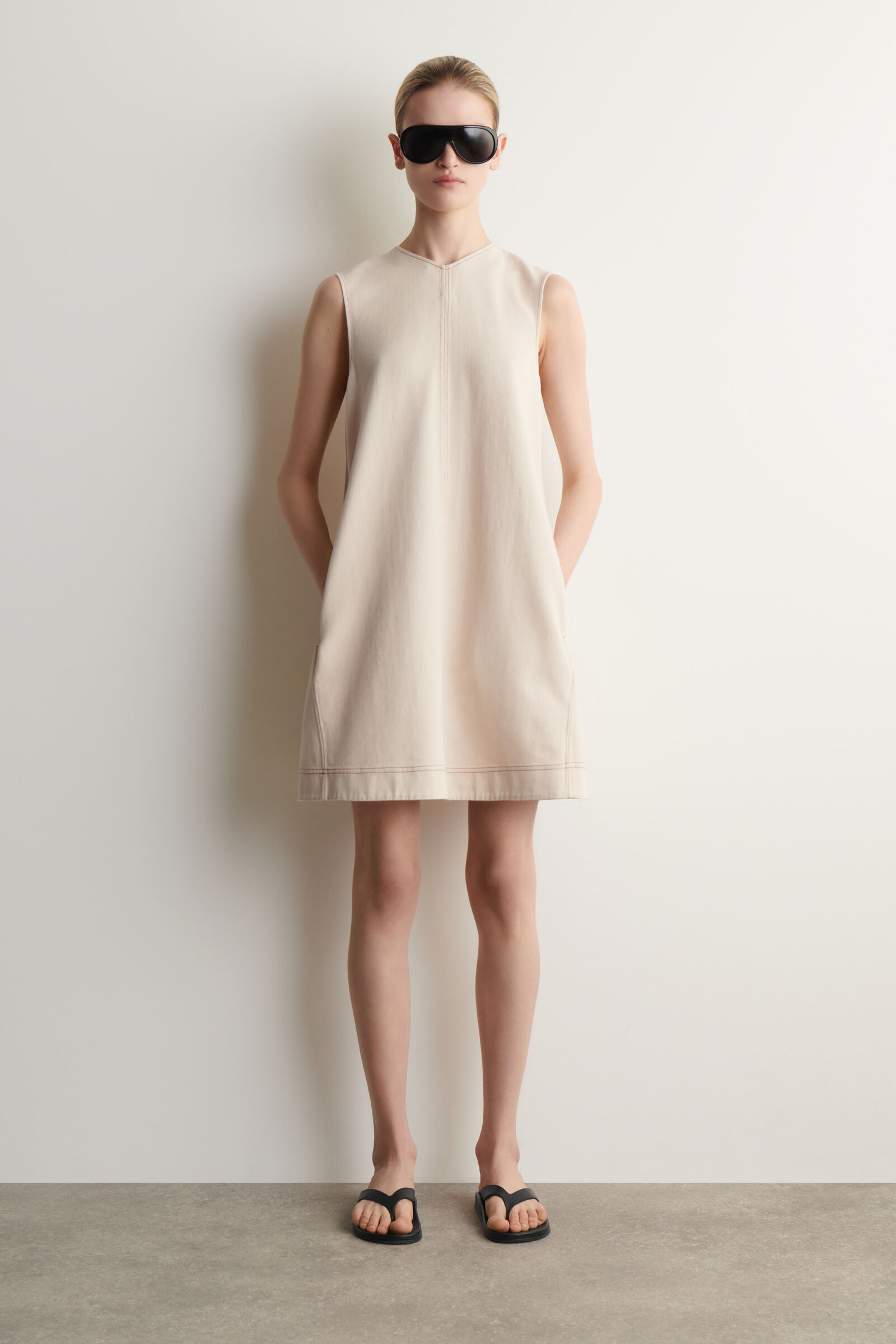 V-NECK OPEN-BACK DENIM MINI DRESSECRU