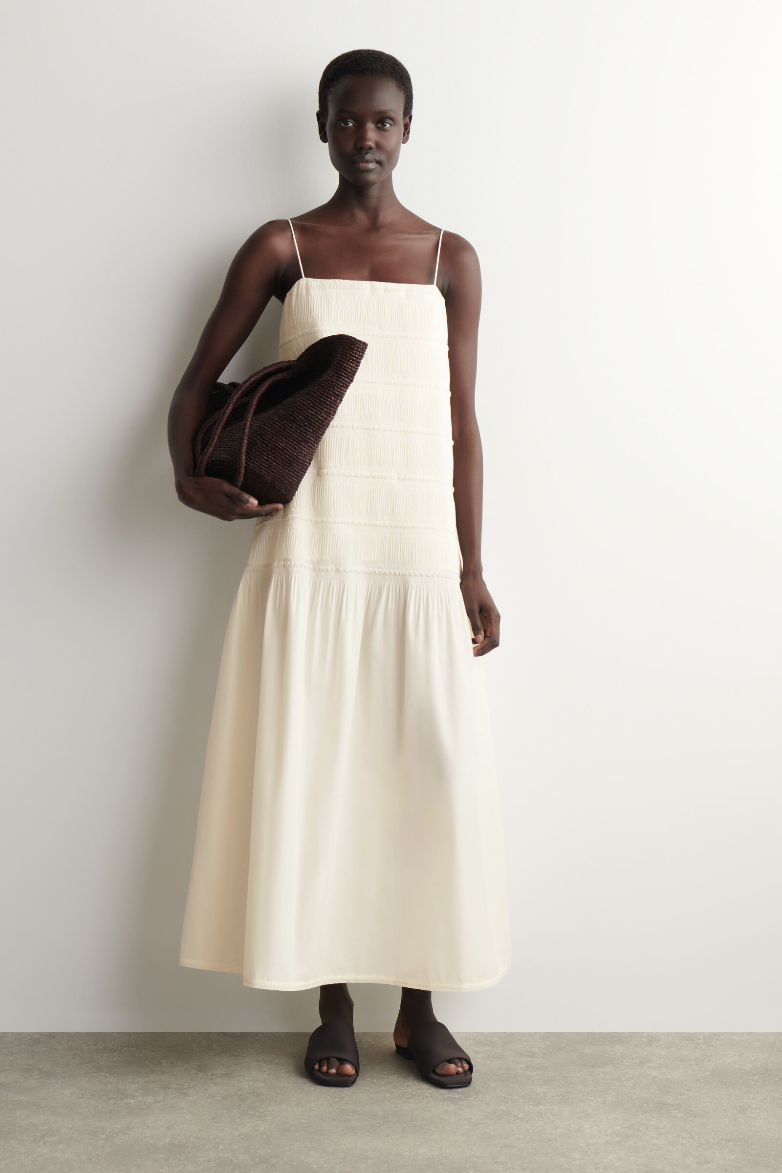 RUCHED DROPPED-WAIST POPLIN MIDI DRESSIVORY