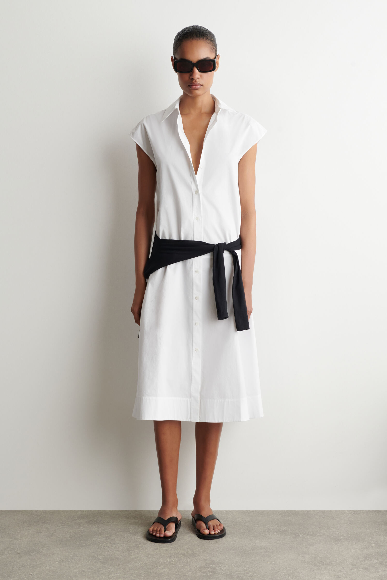 SLEEVELESS COTTON-POPLIN SHIRT DRESSWHITE