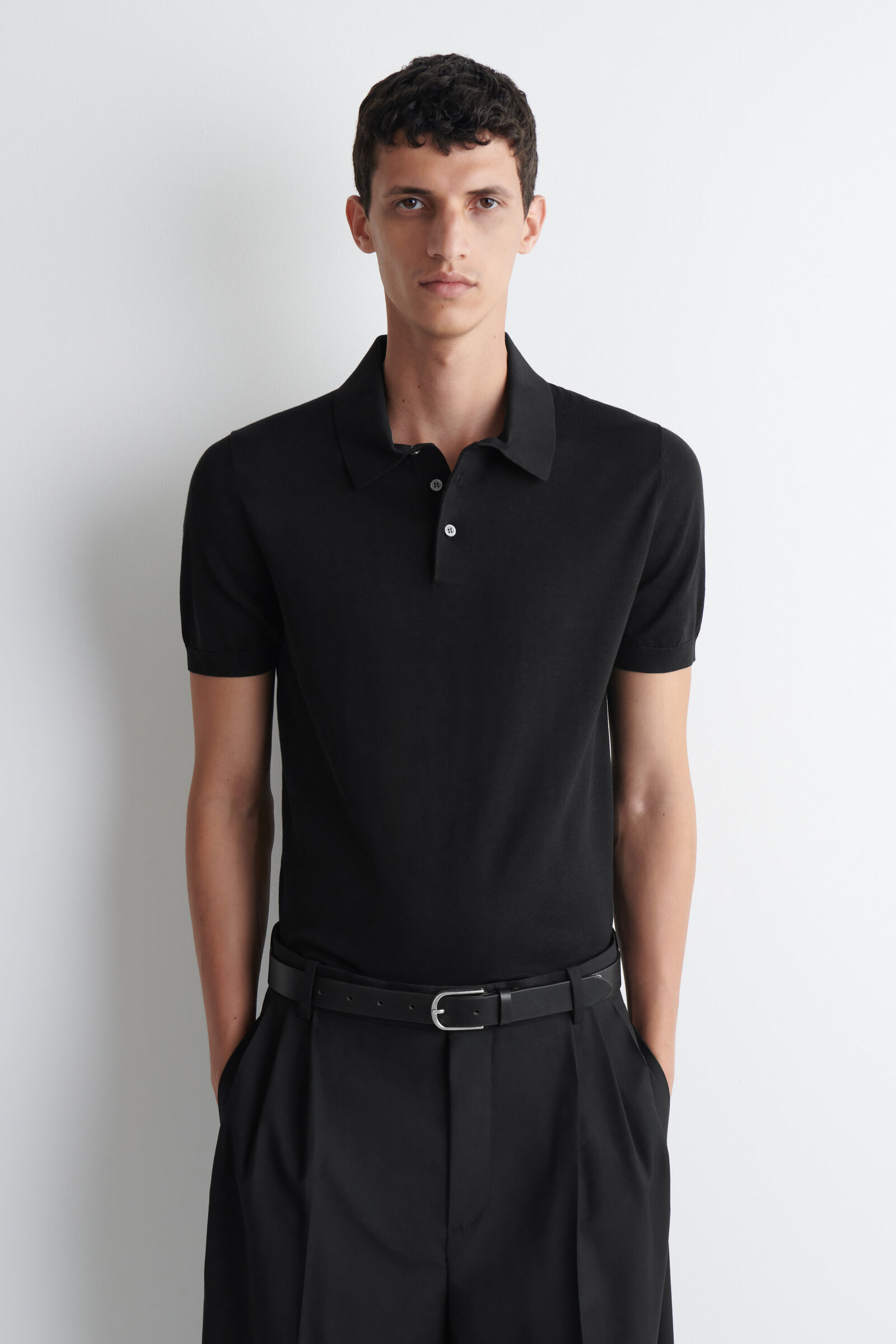 SLIM KNITTED SILK POLO SHIRTBLACK