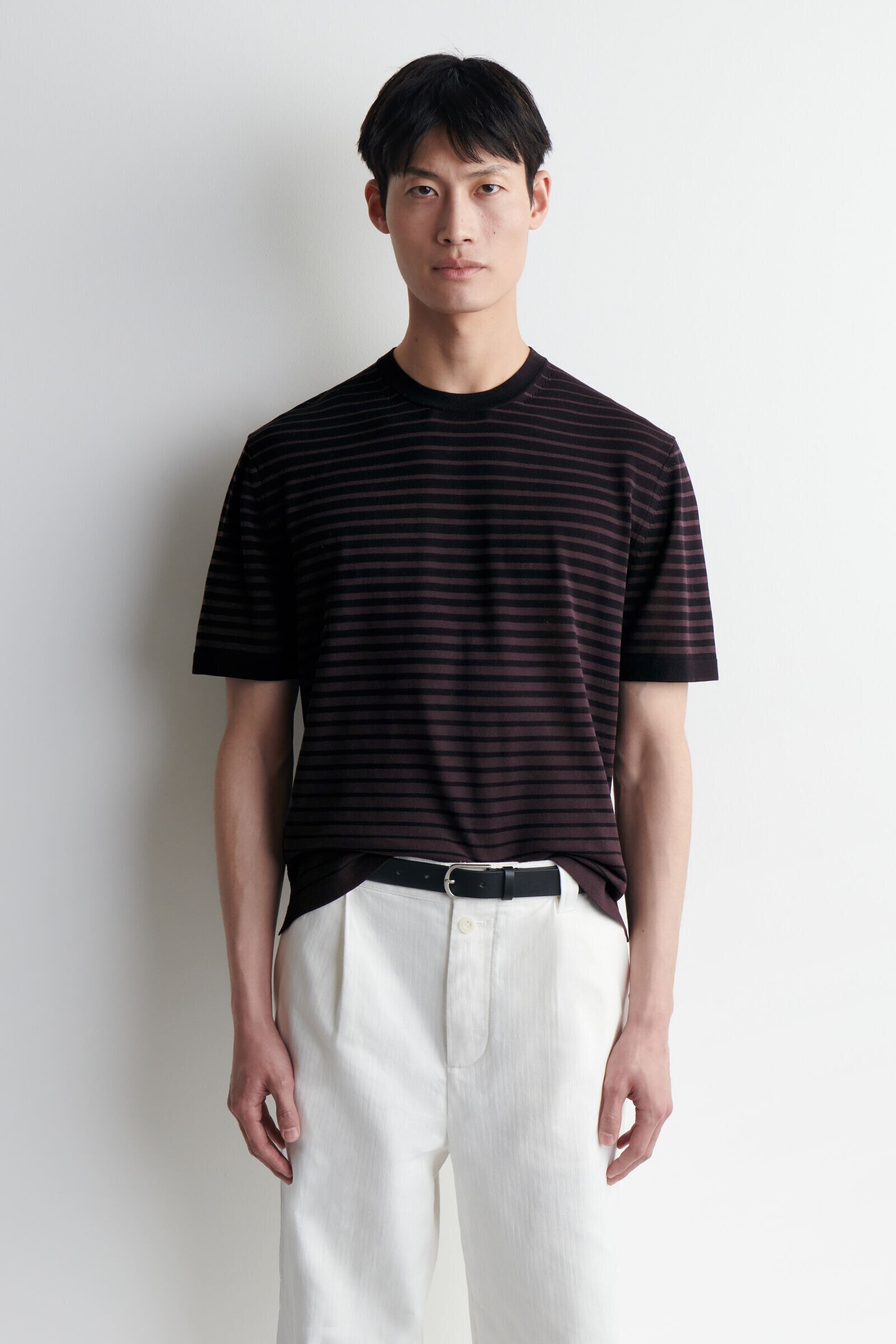 STRIPED KNITTED COTTON T-SHIRTBROWN / BLACK / STRIPED