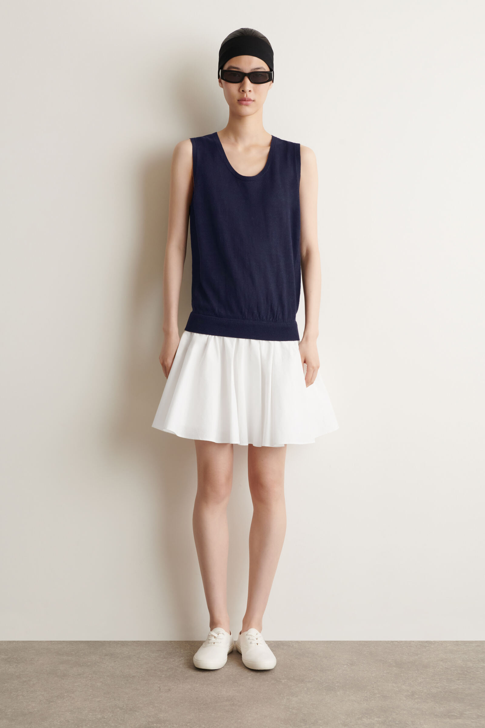 LAYERED COTTON-LINEN MINI DRESSNAVY / WHITE