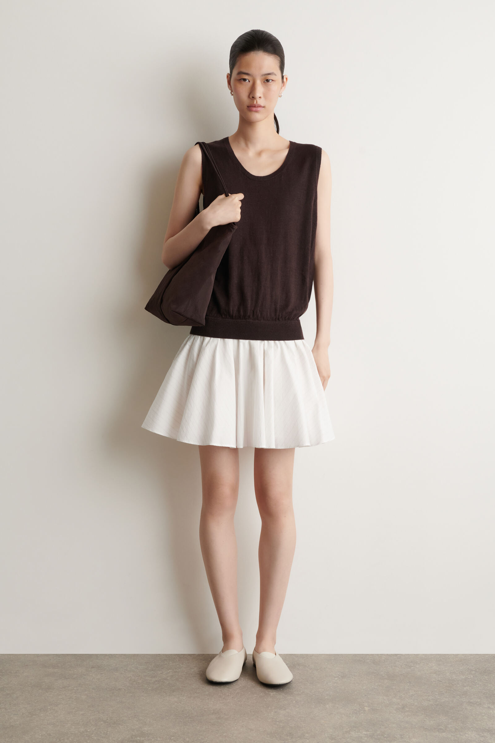 LAYERED COTTON-LINEN MINI DRESSBROWN / WHITE / STRIPED