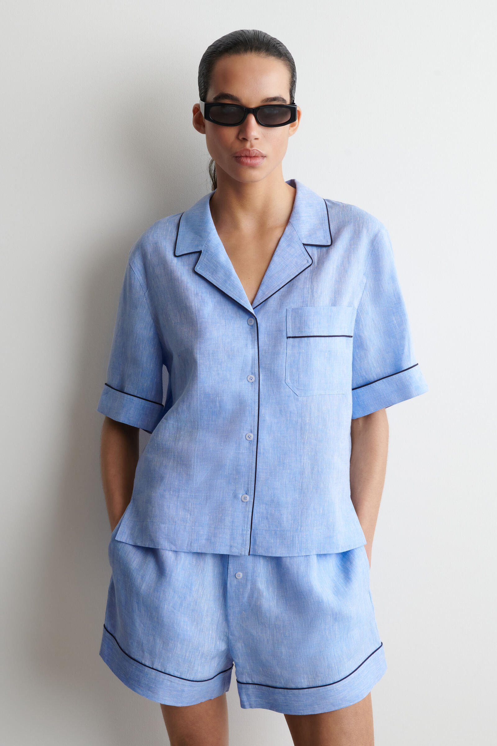 CONTRAST-PIPED LINEN RESORT SHIRTBLUE MÉLANGE