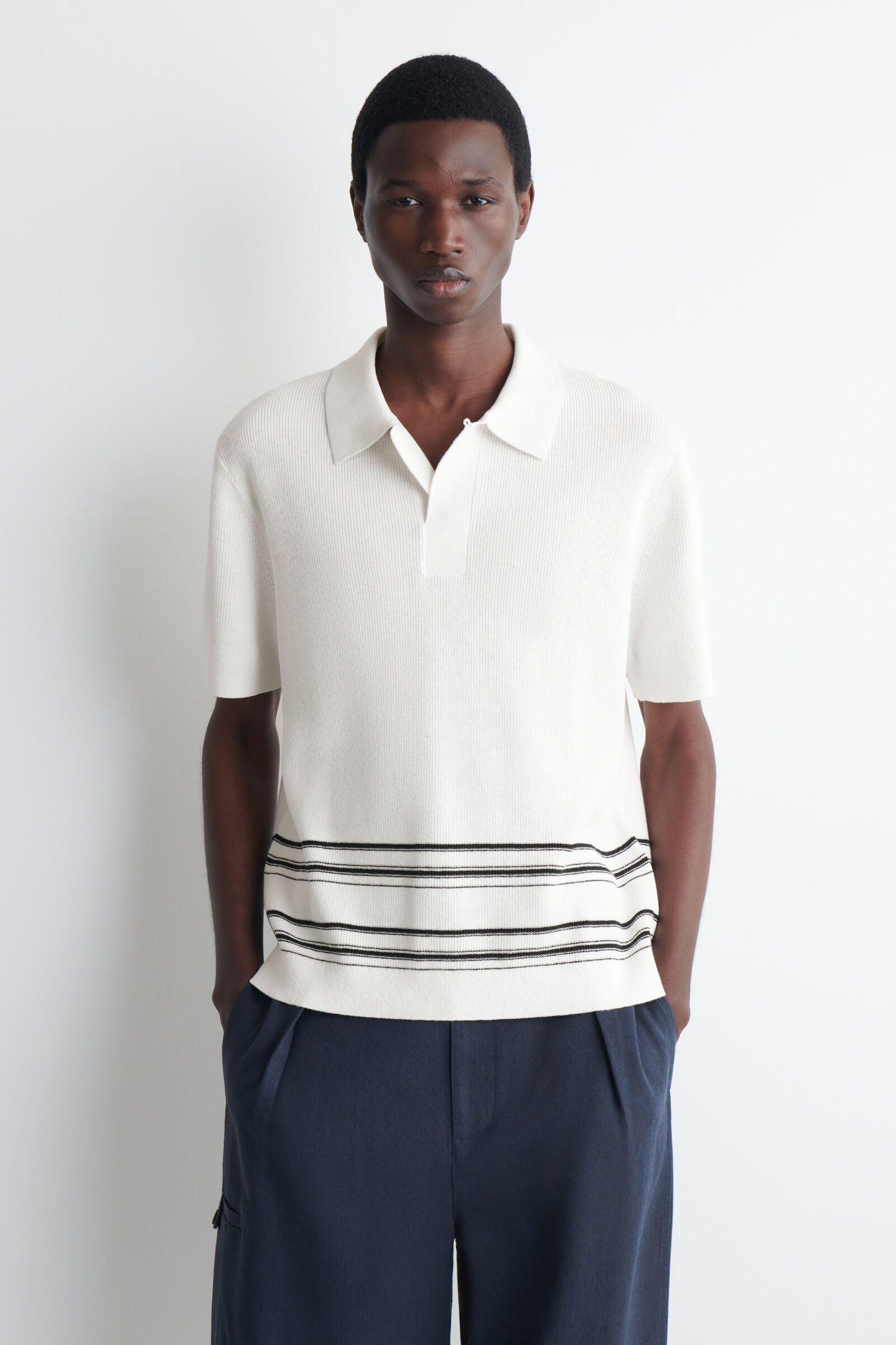 STRIPED KNITTED COTTON-LINEN POLO SHIRTCREAM / STRIPED