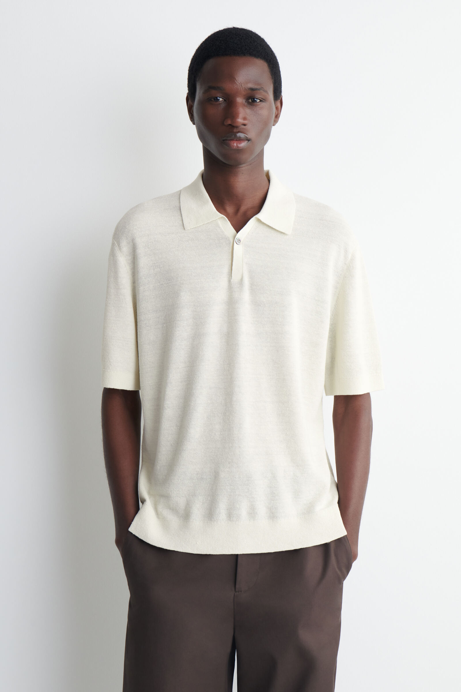 TEXTURED KNITTED LINEN POLO SHIRTCREAM