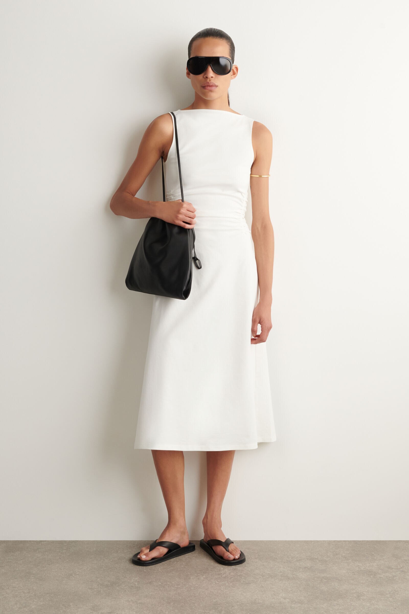RUCHED-WAIST COTTON-JERSEY MIDI DRESSWHITE