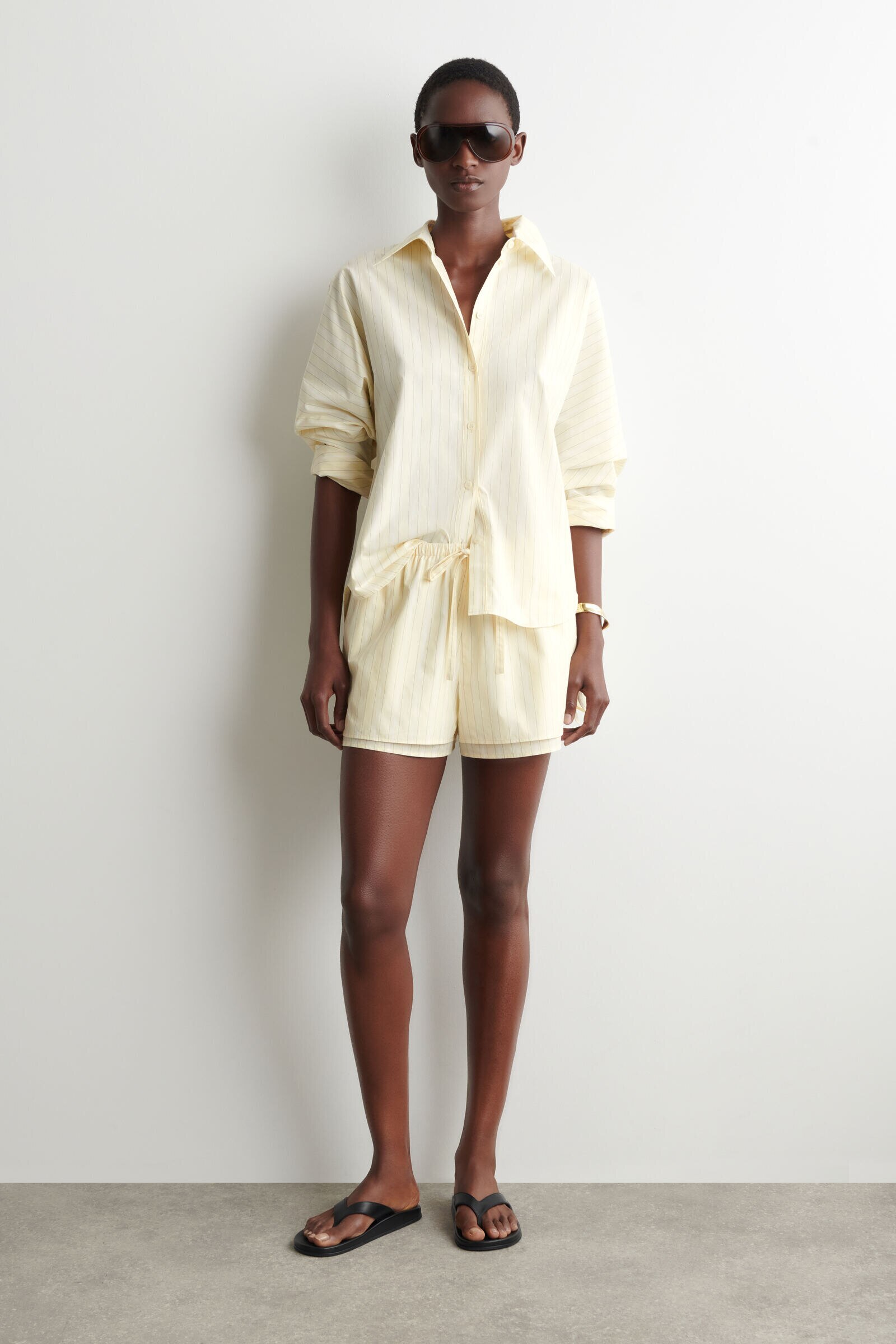 LAYERED DRAWSTRING COTTON-POPLIN SHORTSYELLOW / STRIPED