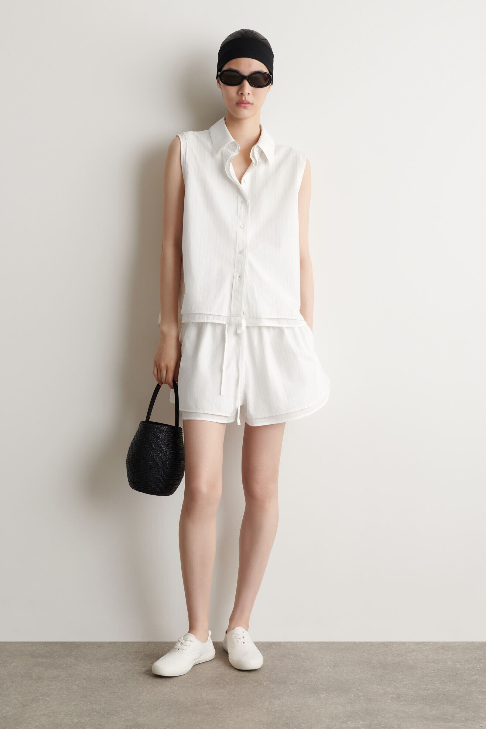 LAYERED DRAWSTRING COTTON-POPLIN SHORTSWHITE / STRIPED