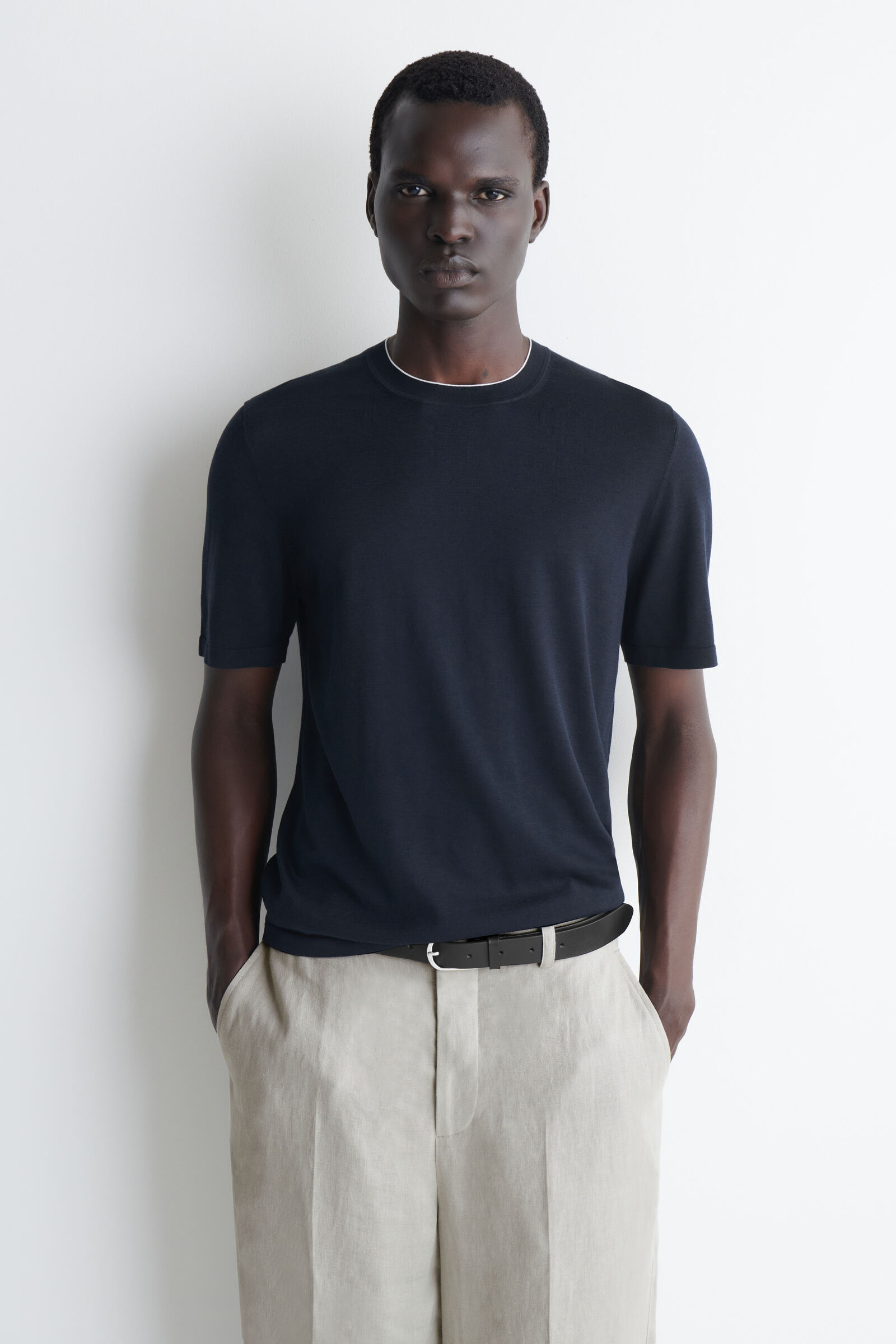 CONTRAST-TIPPED SILK-COTTON T-SHIRTNAVY