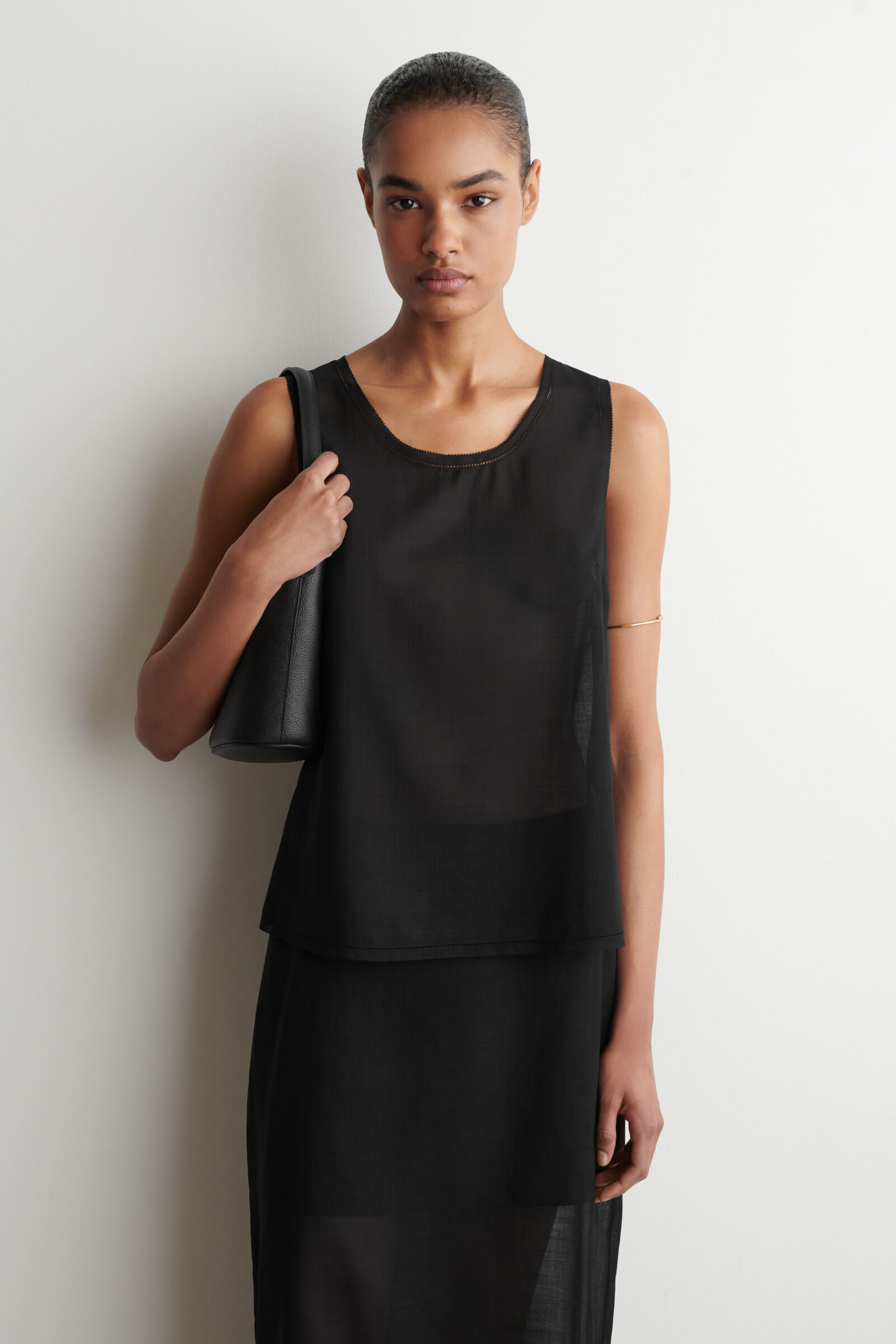 SEMI-SHEER LAYERED WOOL TOPBLACK