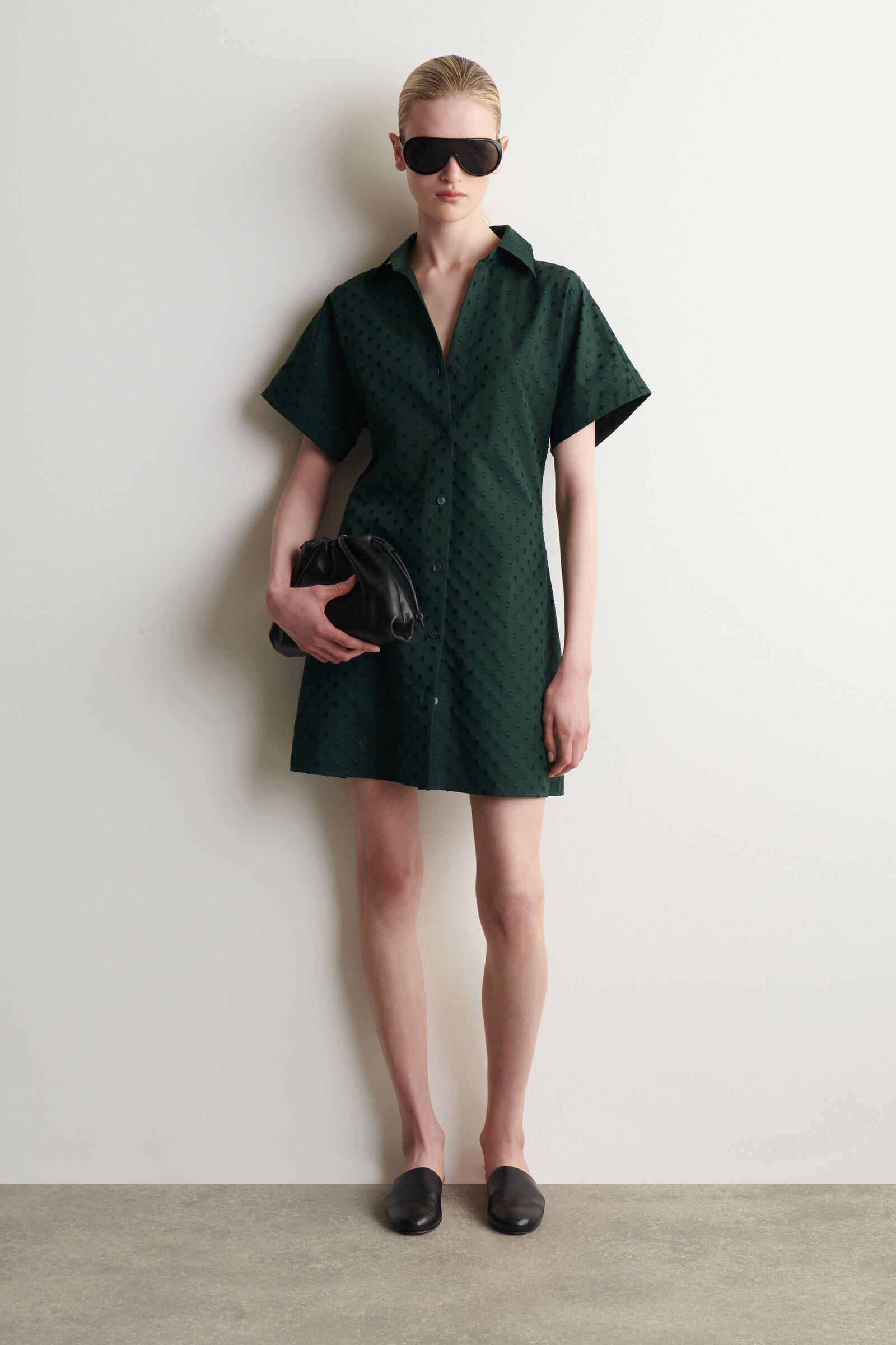 POLKA-DOT COTTON-JACQUARD SHIRT DRESSDARK GREEN / POLKA DOT