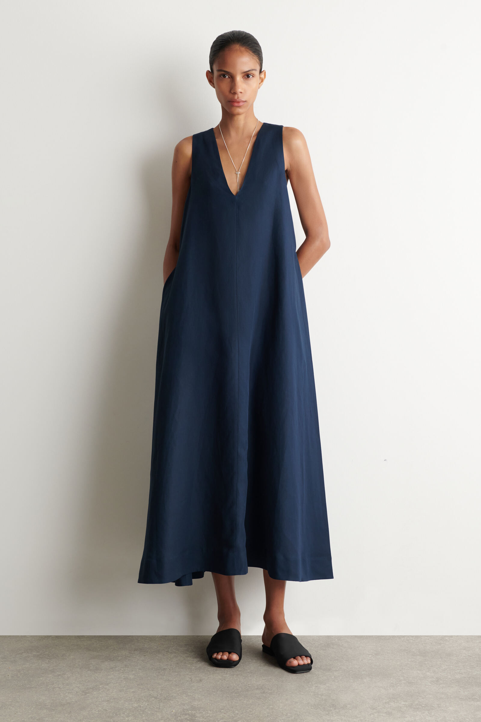 A-LINE LINEN-BLEND MAXI DRESSDARK BLUE