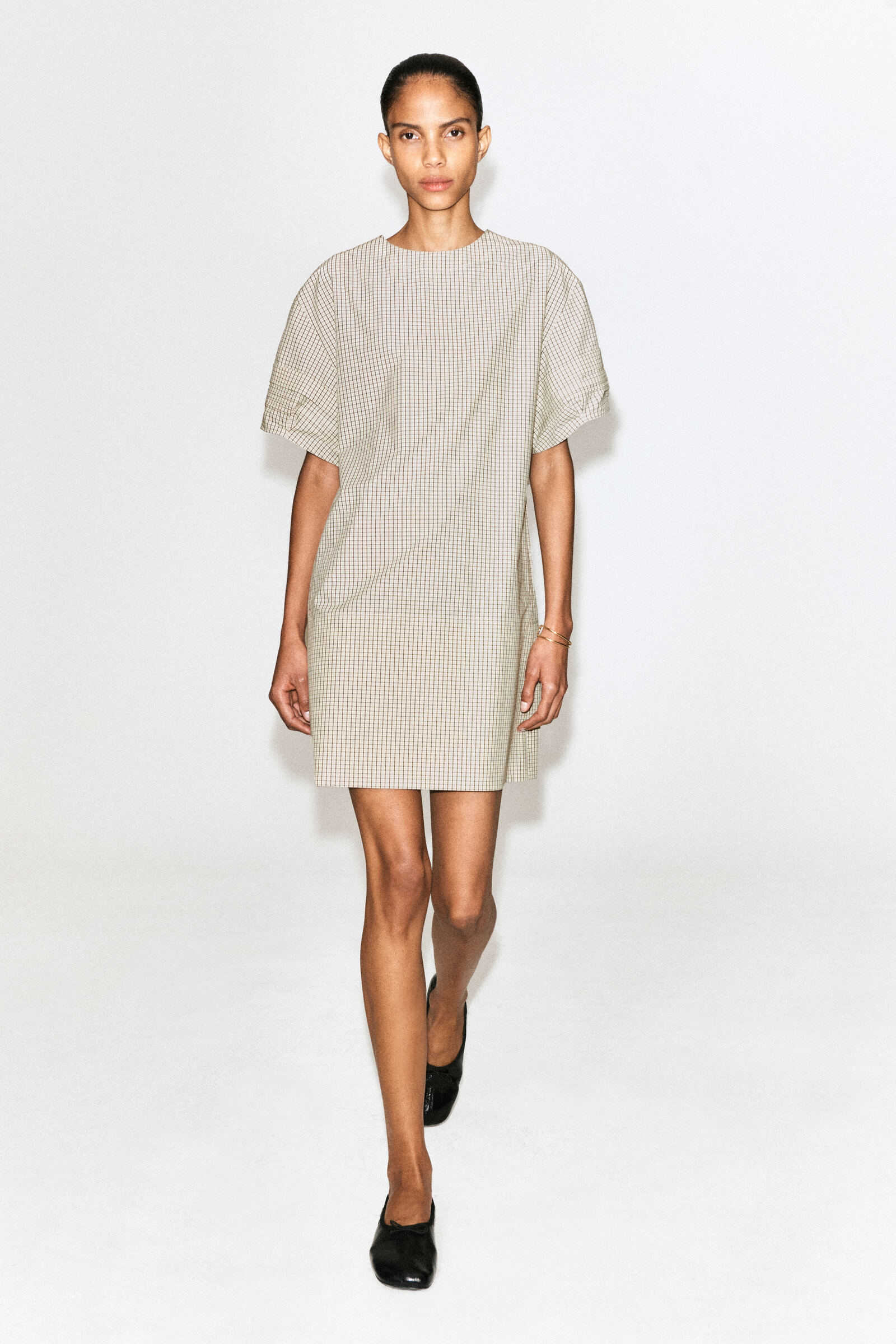 PINTUCKED COTTON MINI DRESSBEIGE / CHECKED