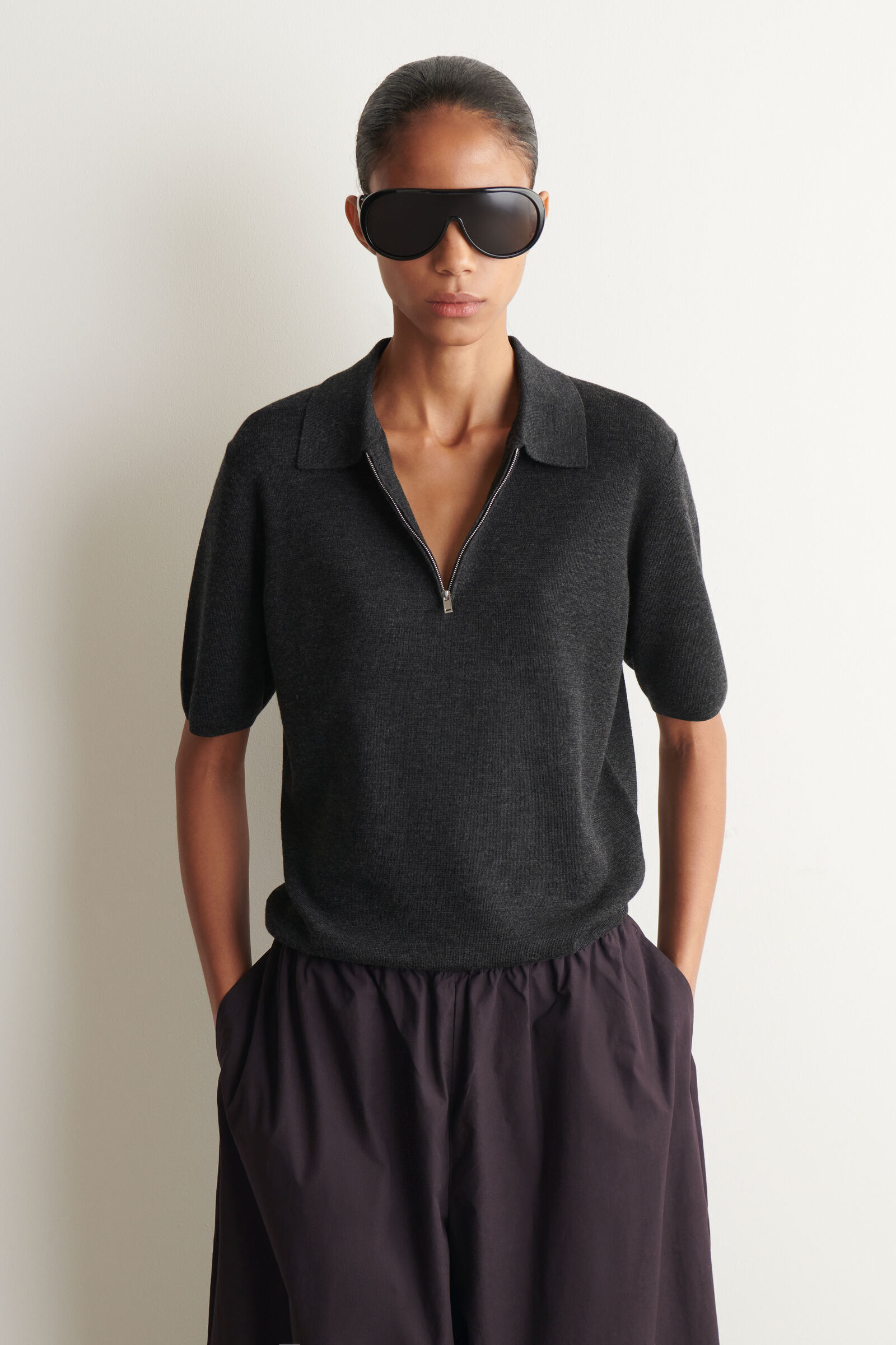 MERINO WOOL ZIP-UP POLO SHIRTCHARCOAL