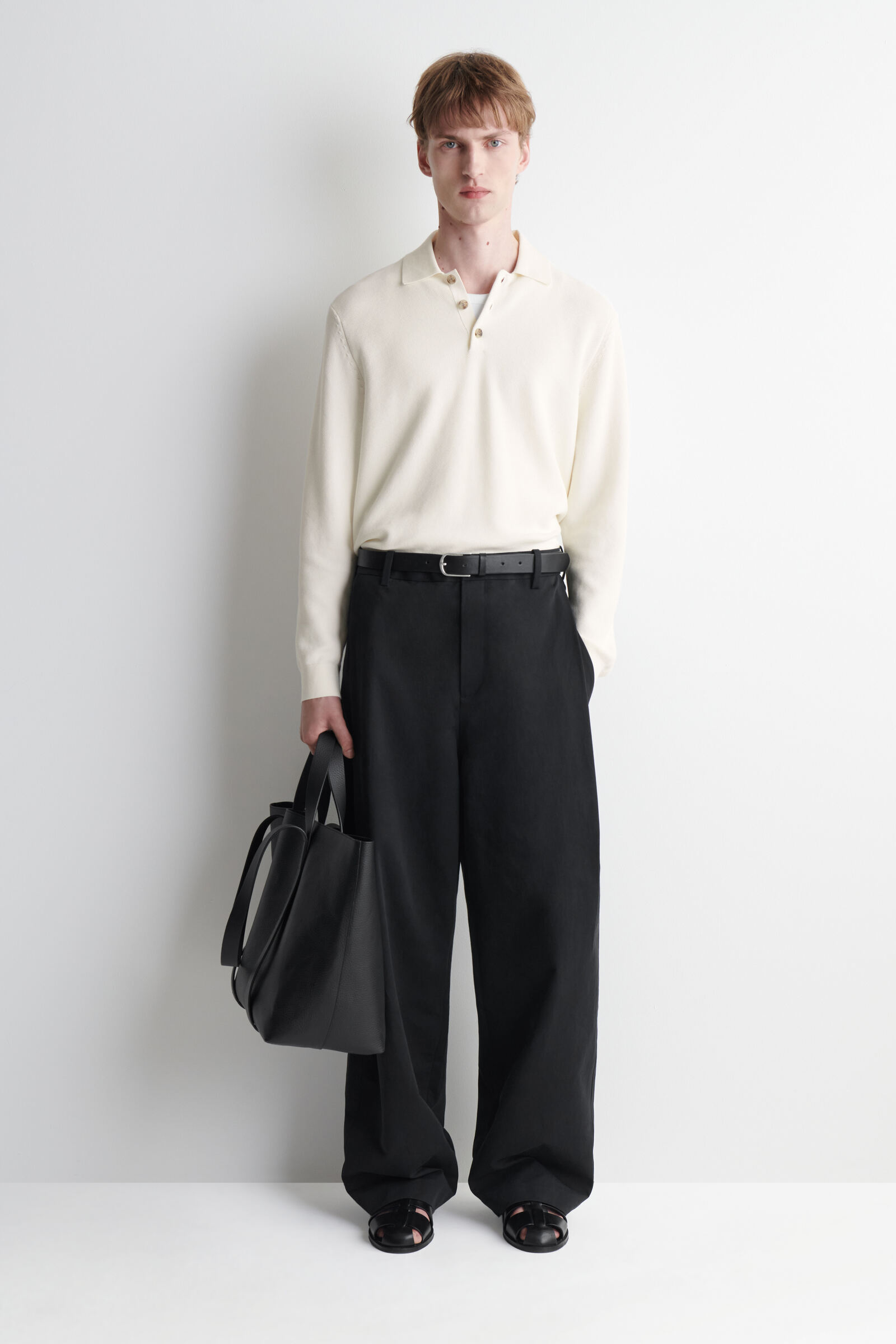 PLEATED COTTON RELAXED-FIT WIDE-LEG TROUSERSBLACK