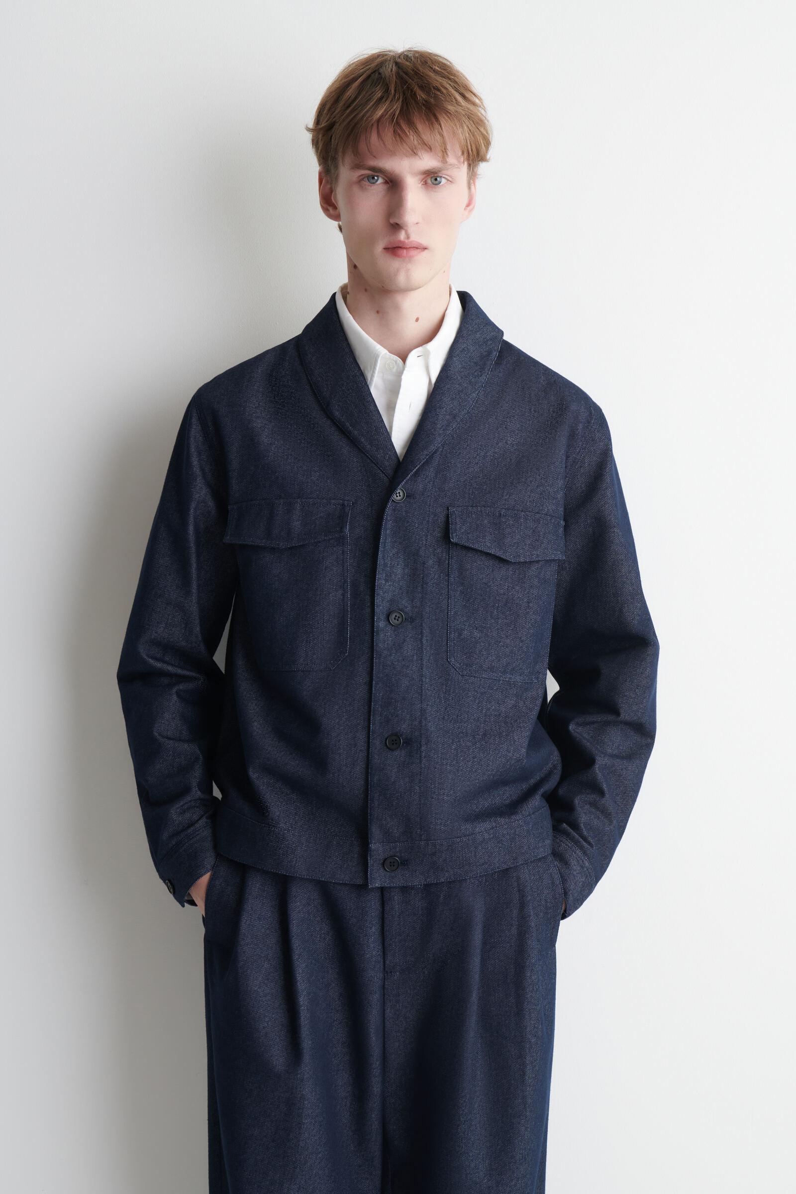 SHAWL-COLLAR DENIM-EFFECT OVERSHIRTINDIGO