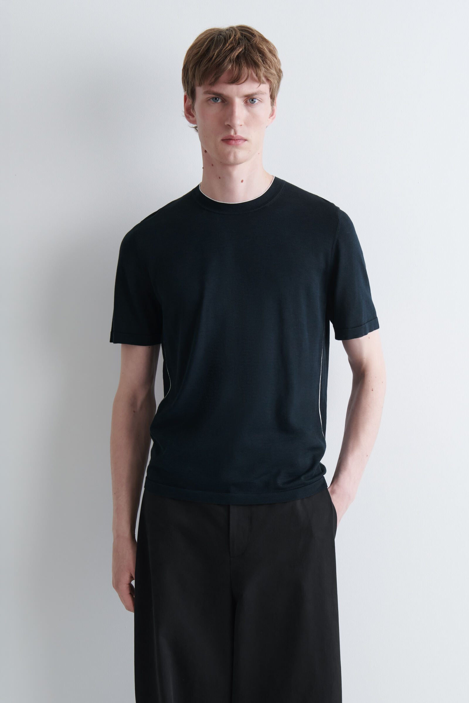 CONTRAST-TIPPED SILK-COTTON T-SHIRTNAVY / WHITE